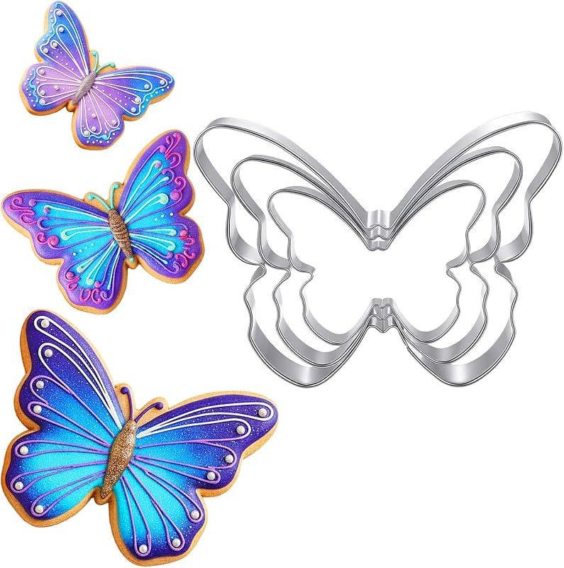 Juego de 3 cortadores de galletas de mariposa, moldes para hornear con forma de mariposas de acero inoxidable, cortador de sándwich, cortadores de galletas de fondant de mariposa para galletas, manualidades de pasteles, decoración de repostería (3 tamaños)