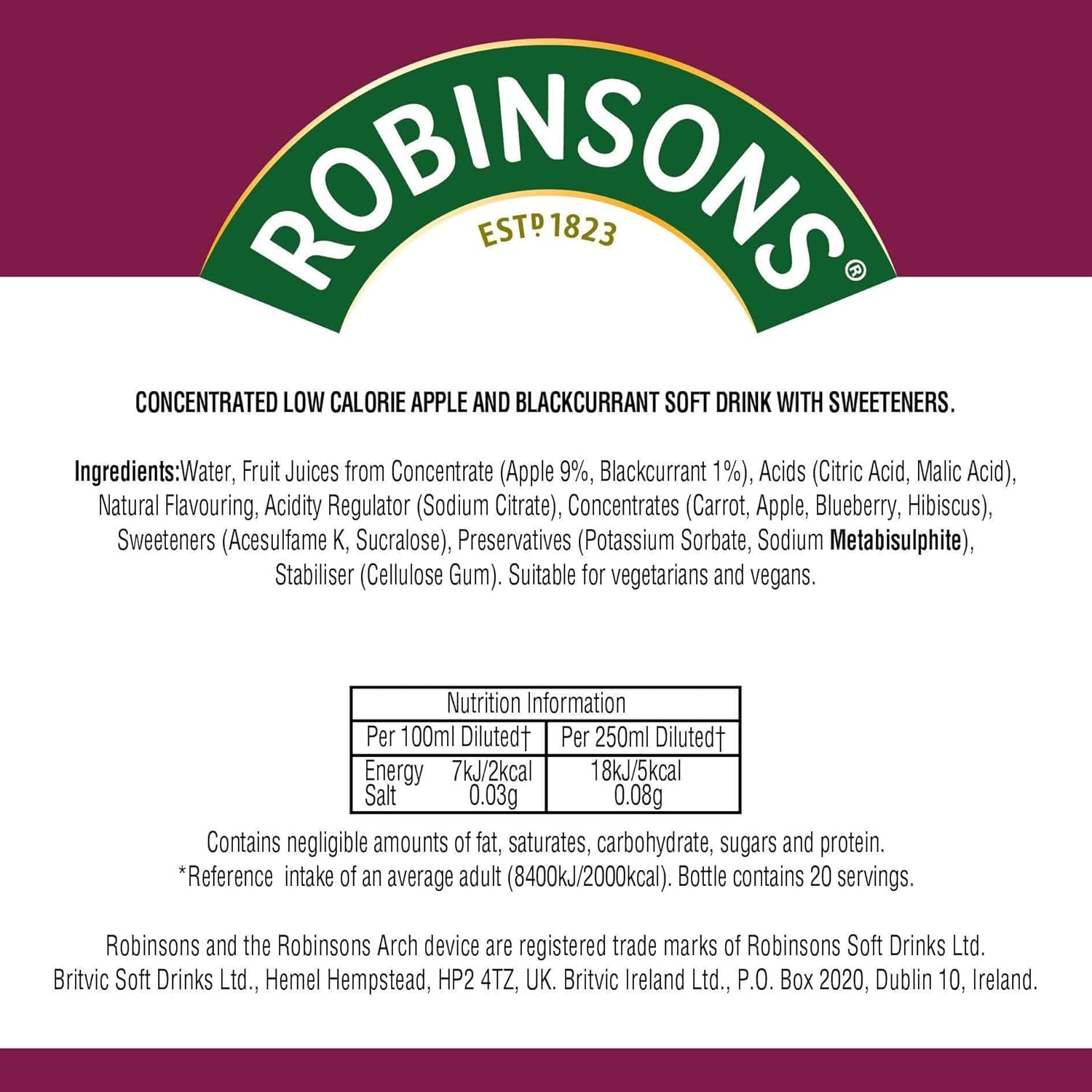 Robinson's Fruit Drink, Apple & Blackcurrant, No Added Sugar, 1 Liter Plastic Bottles (Pack of 6)