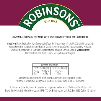 Robinson's Fruit Drink, Apple & Blackcurrant, No Added Sugar, 1 Liter Plastic Bottles (Pack of 6)