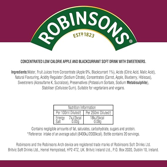 Robinson's Fruit Drink, Apple & Blackcurrant, No Added Sugar, 1 Liter Plastic Bottles (Pack of 6)