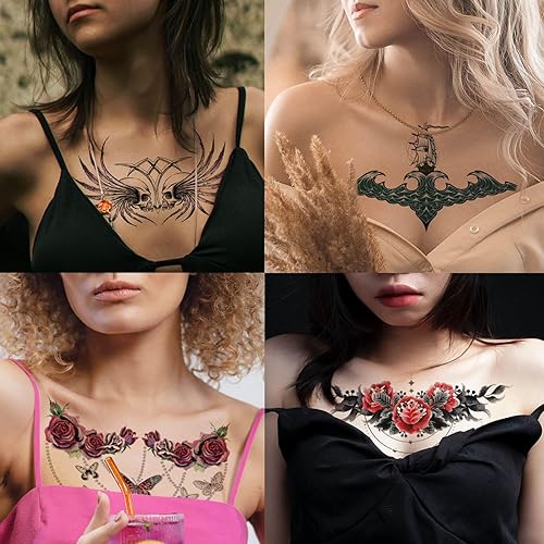 Miniatura 8 de Glaryyears Tatuaje temporal debajo del pecho para mujer, paquete de 10 tatuajes realistas florales grandes, calcomanías creativas de larga duración,