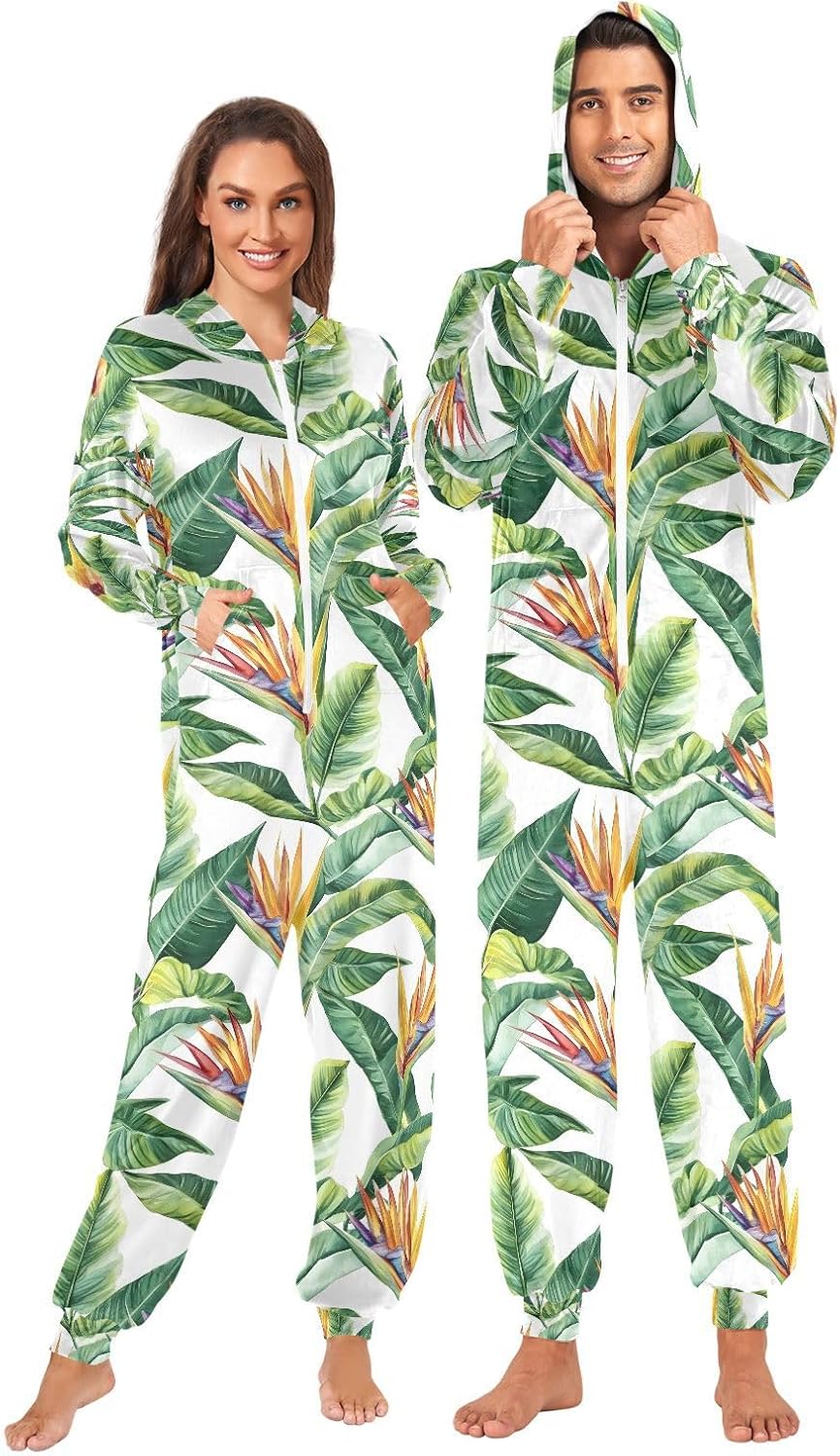 Tropical Palm Leaf Flower Adult Onesie Pajamas Novelty One Piece Costume Sleepwear Jumpsuits Matching PJS