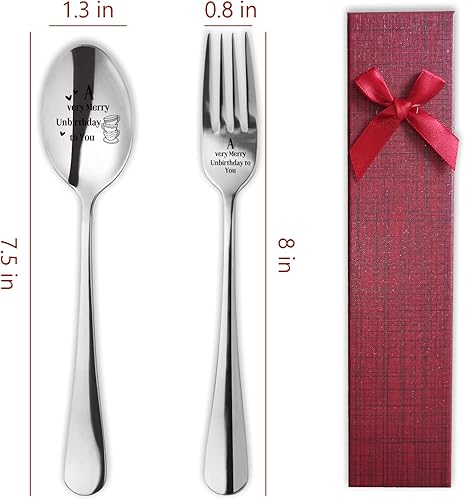 Miniatura 5 de 2 piezas A very Merry Unbirthday to You, juego de cuchara y tenedor de acero inoxidable grabado, cocina y restaurante de mango largo, cuchara y