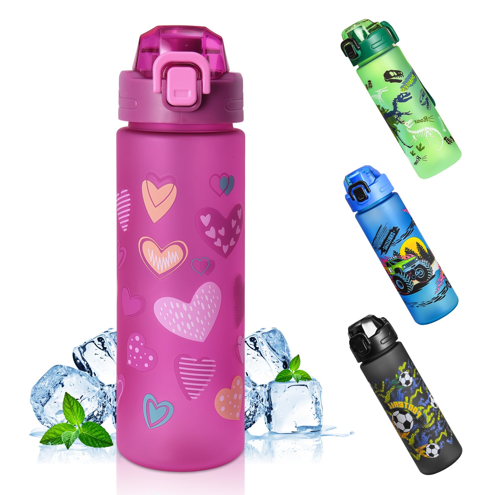 AMFUN 700ML Kids Water Bottles, BPA-Free, Sports Water Bottle, One-Touch Opening for Office, Gym, Sports, Outdoor, Hiking, Fitness, Cycling, School (Pink-Heart)