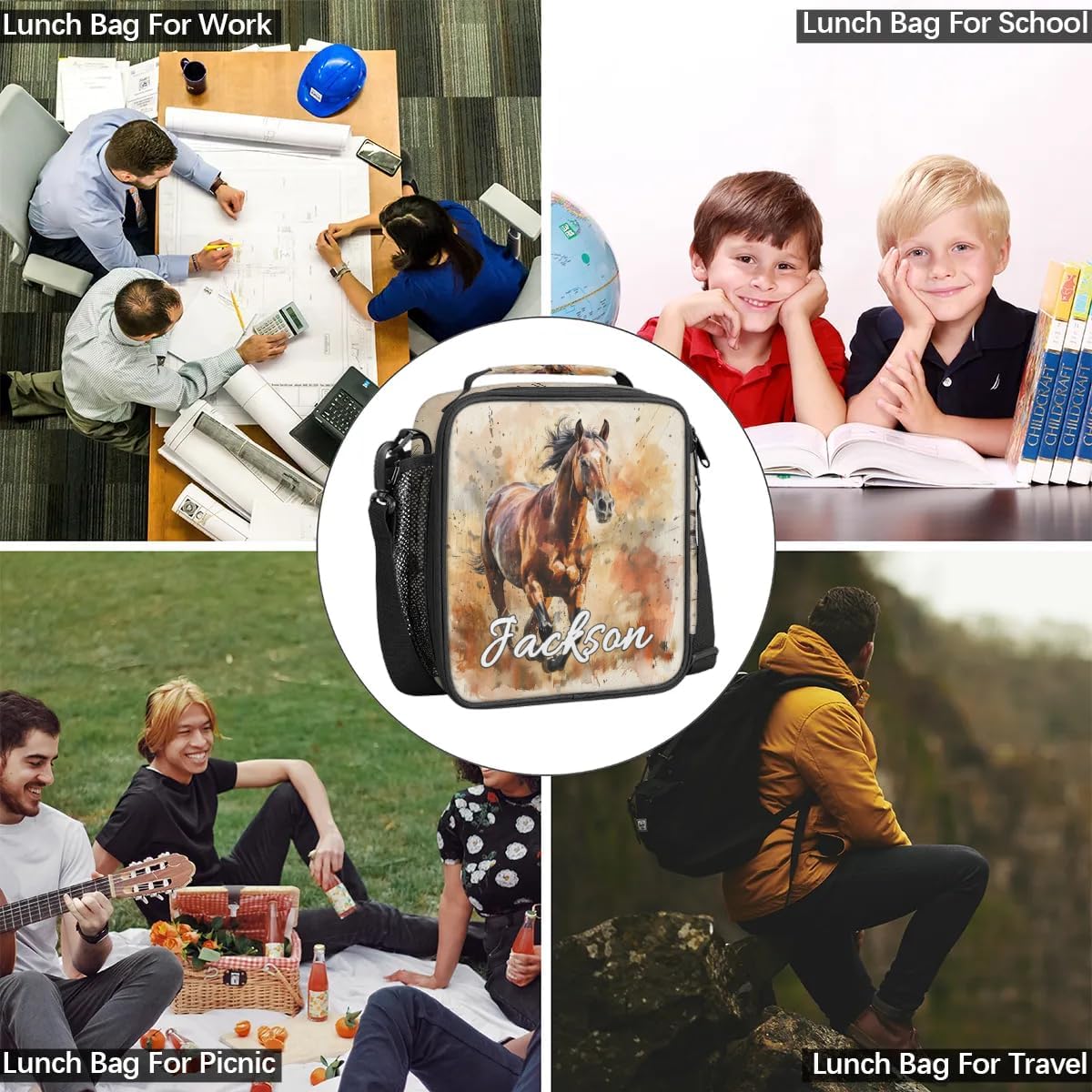 Personalized Lunch-Bag for Kids-Boys, Custom Horse Insulated Cooler Lunch Box with Name, Leakproof-Reusable Lunch Tote Bag for Work Office Picnic 3