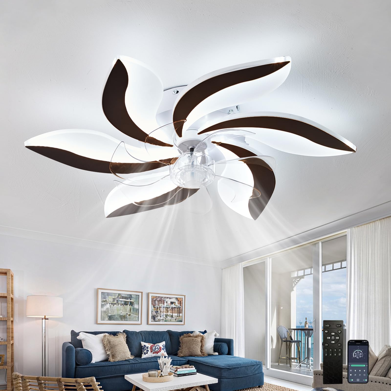 SXDMOUBK Modern Ceiling Fan with Light 70W,Quiet Light Fan Black,APP & Remote Control,6 Speed Reversible Motor,Dimmable with Memory Function,LED Fan Ceiling Light for Kids Bedroom Living Room