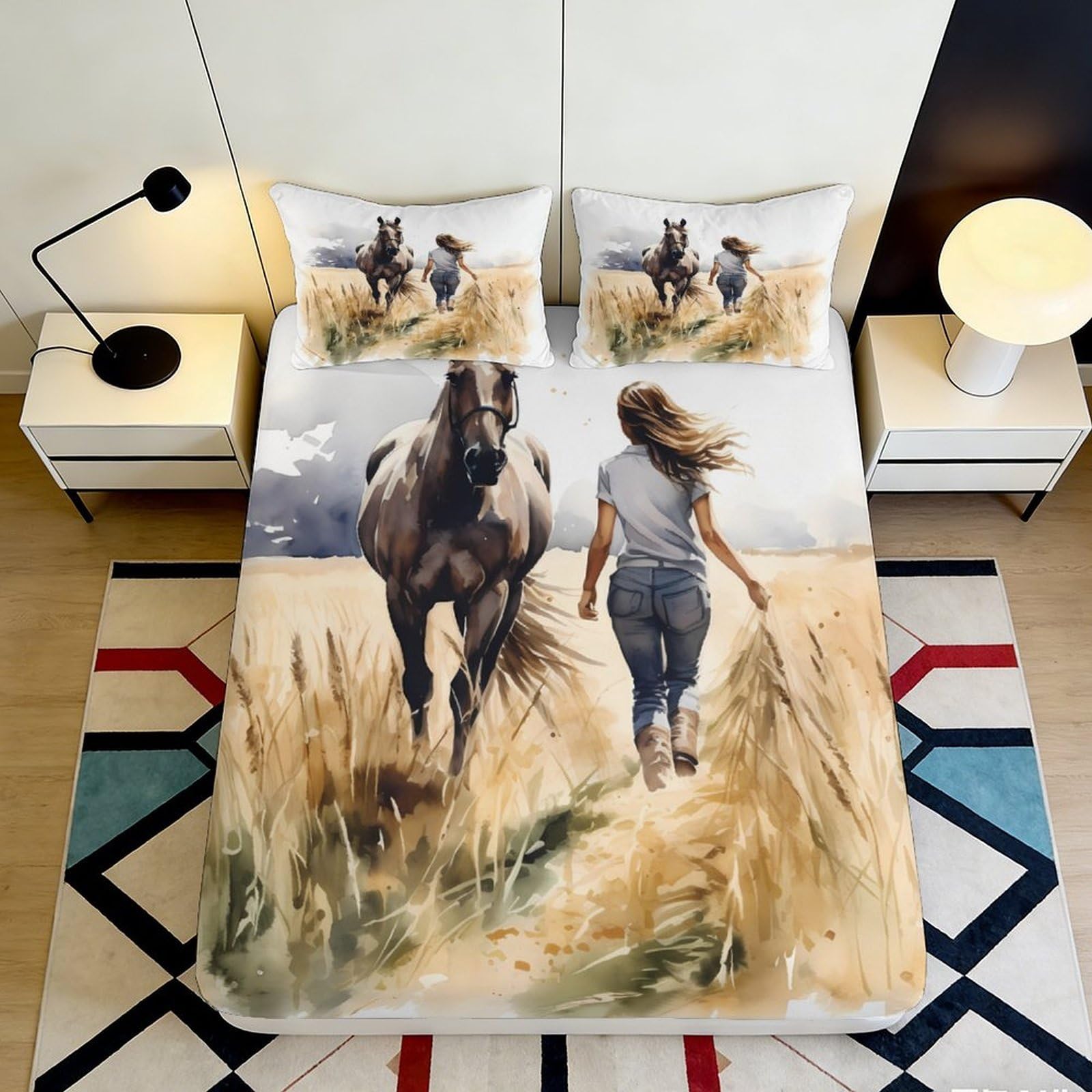 3D Printed Countryside Horse Fitted Sheet Microfiber Deep Pocket Bedroom Bedding Countryside Horse Mattress Fitted Cover Elastic Hem for Adults 90x200x25cm