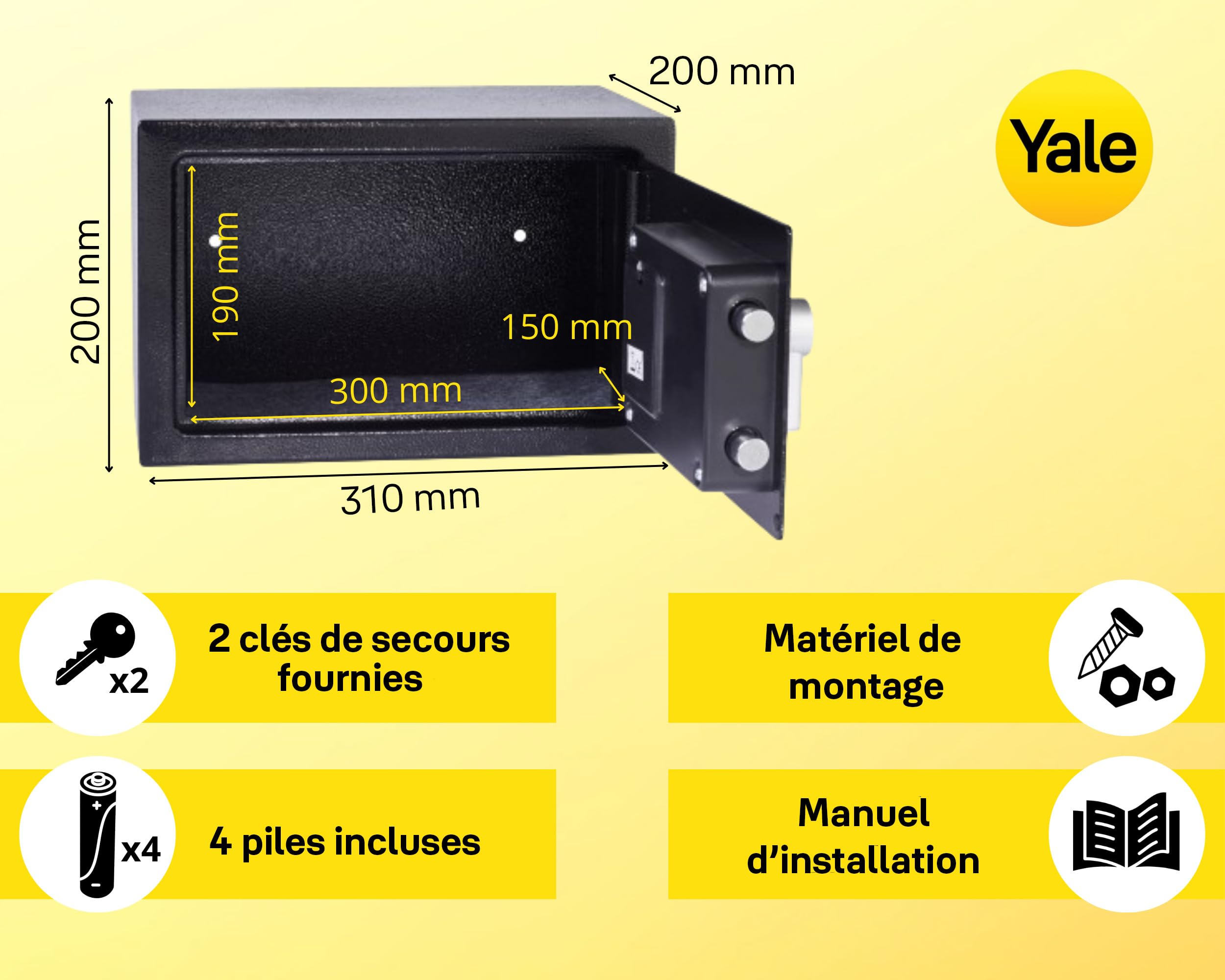 Yale Coffre-Fort Électronique - Small 8.6L - Serrure 100 000 Combinaisons, verrou électronique Code 3 à 8 Chiffres - Dimensions 20x31x20cm YSV/200/DB2