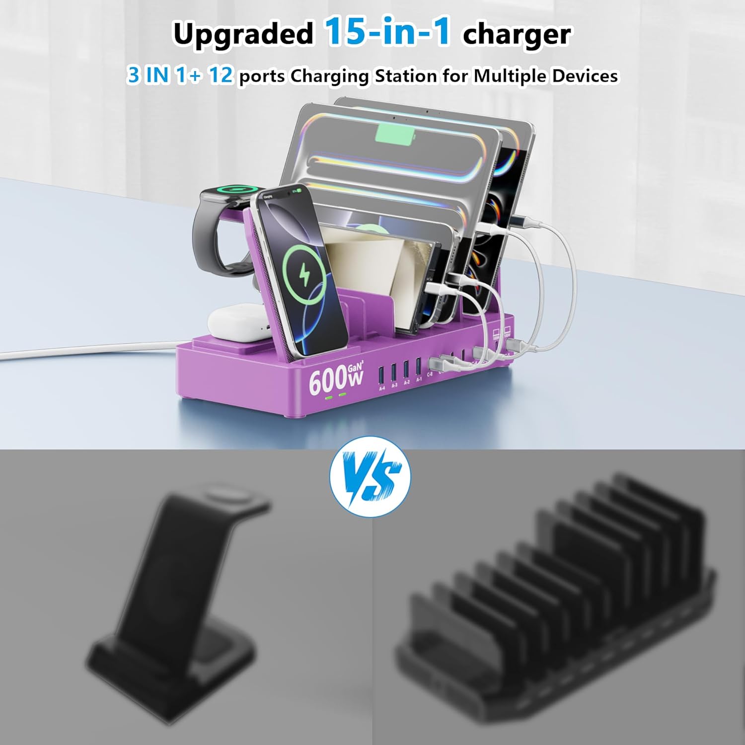 600w Charging Station for Multiple Devices, 15 in 1 Wireless Charger with 2pack 100w USB C Charger Cable, Dual 100w USB C Tablet Charging Station for MacBook,iPhone,iPad,Tablet(Purple)