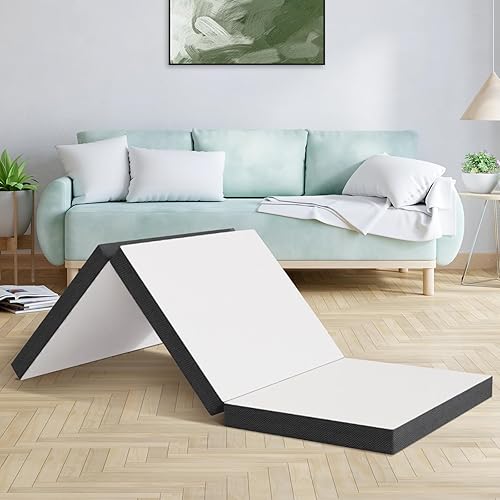 Miniatura 9 de Dkelincs Colchón plegable de 4 pulgadas, triple pliegue, de espuma viscoelástica, portátil, plegable, para campamento, invitados, yoga, color blanco