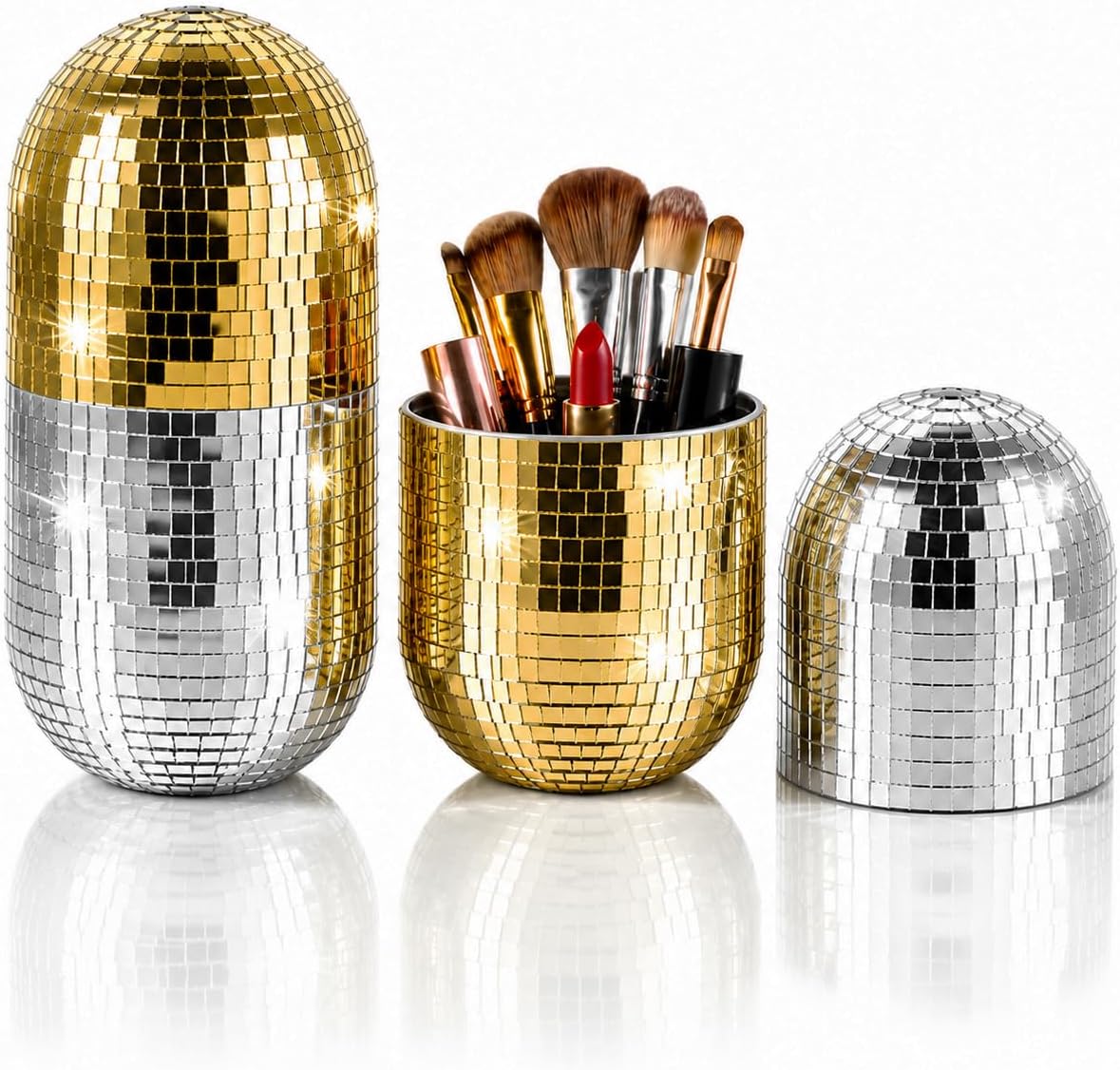 Mikikit Disco Makeup Brush Holder with Lid, Mirror Mosaic Vanity Organizer