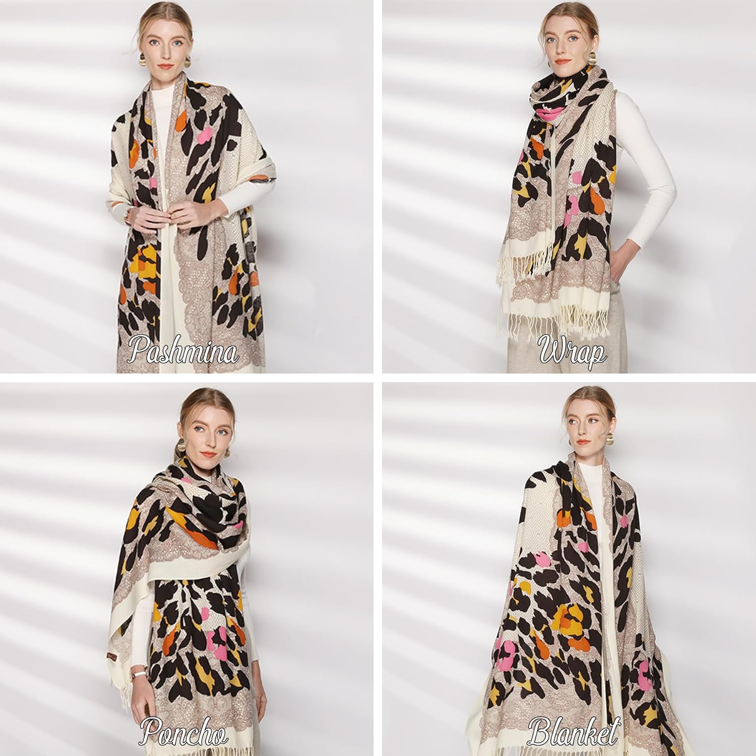 DANA XU 100% Merino Wool Pashmina Shawl for Women 96"x43", Oversized Cashmere Wrap with Tassels, Floral Travel Blanket Cape - Image 5