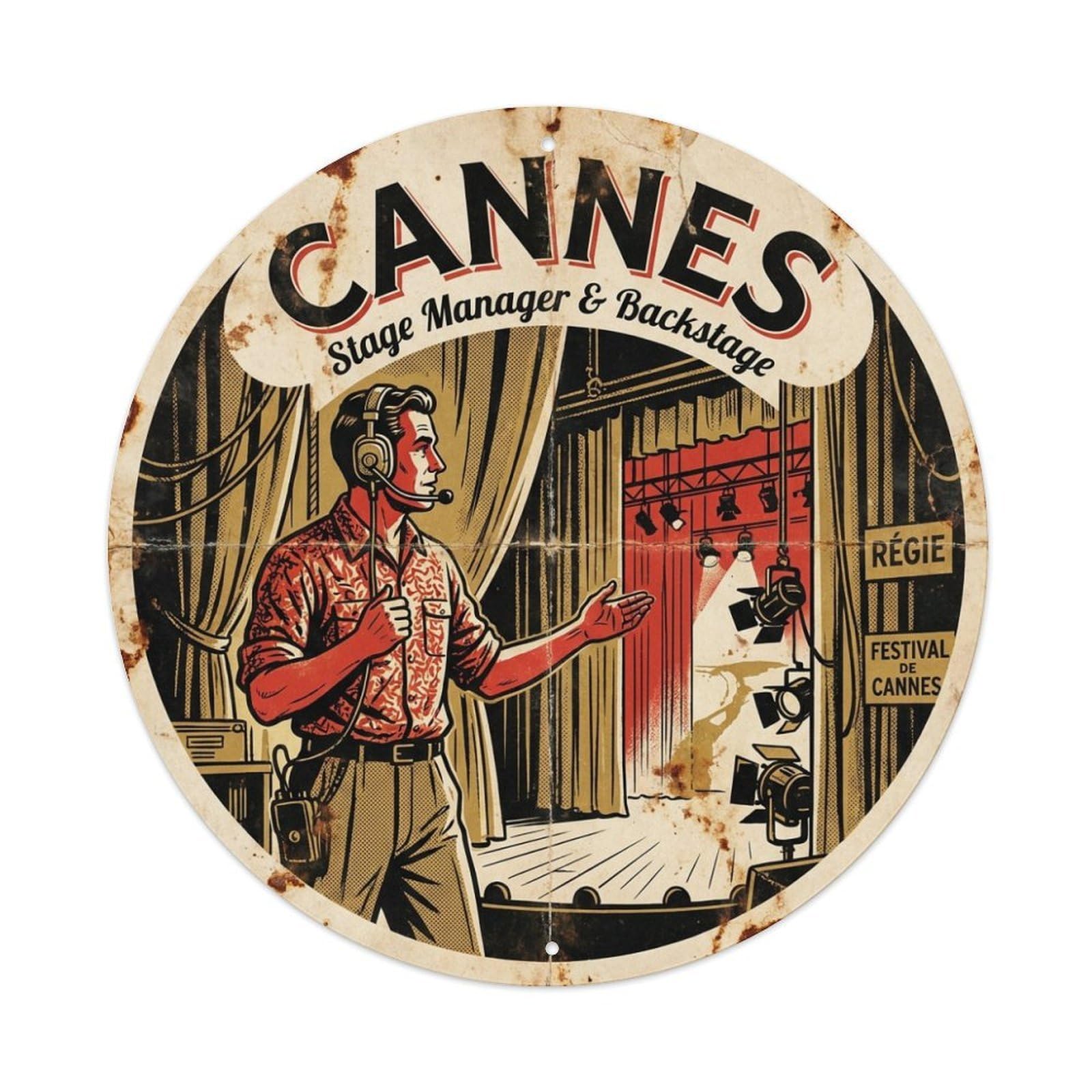 Vintage Travel Stage Manager Backstage Cannes France Metal Tin Sign