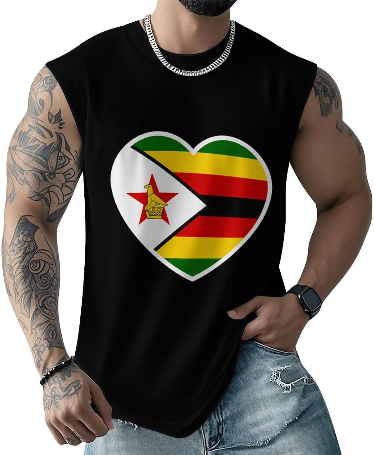 Zimbabwe Flag Heart Men Summer Sleeveless Crew Neck Top 5XL