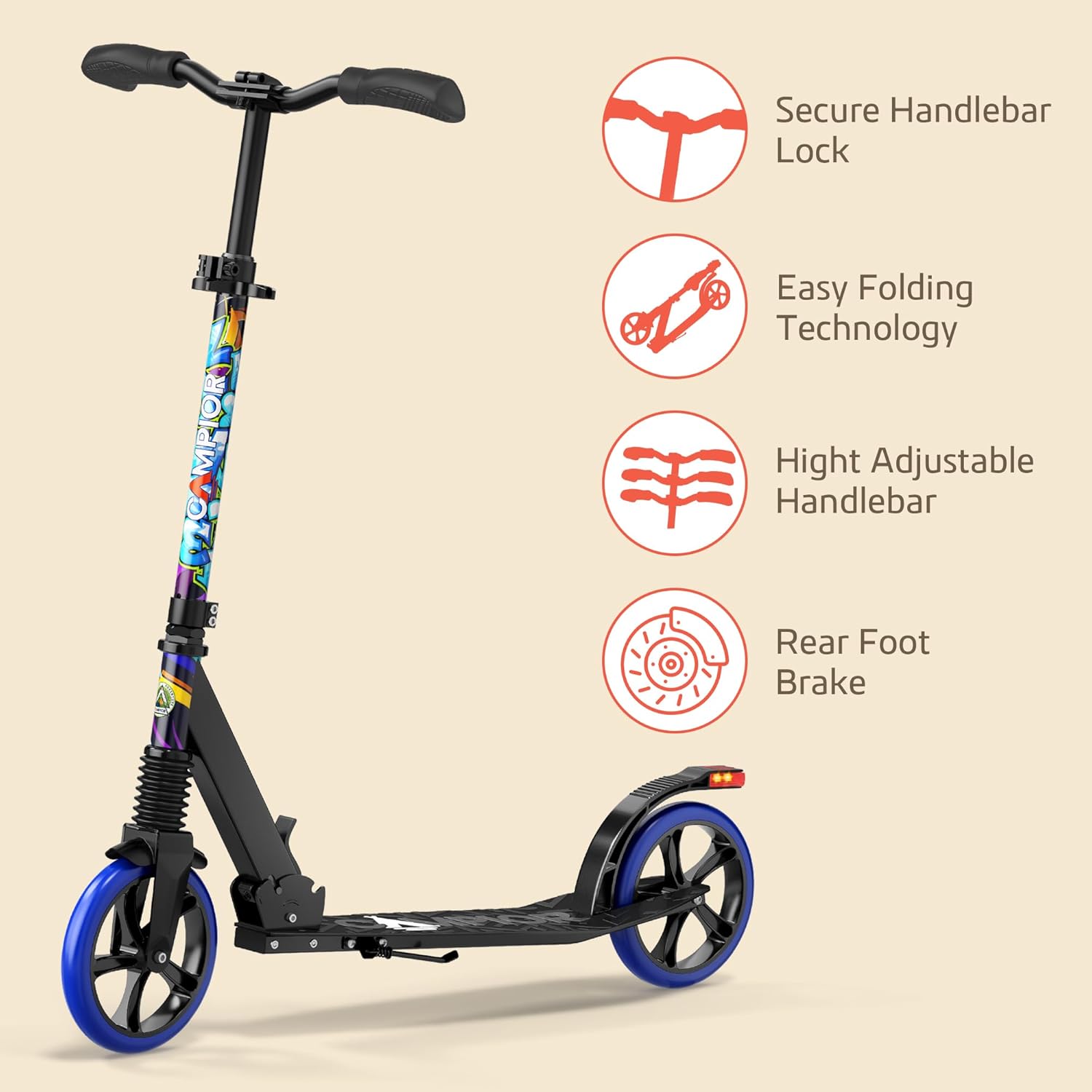Kick Scooter for Ages 6+, for Kids, Teens, and Adults, Max Load 240 LBS, Foldable, 8-inch Big Wheels for Kids and Adults, with Kickstand, 3 Adjustable Levels, Child Safety Approved, Graffiti - Image 7
