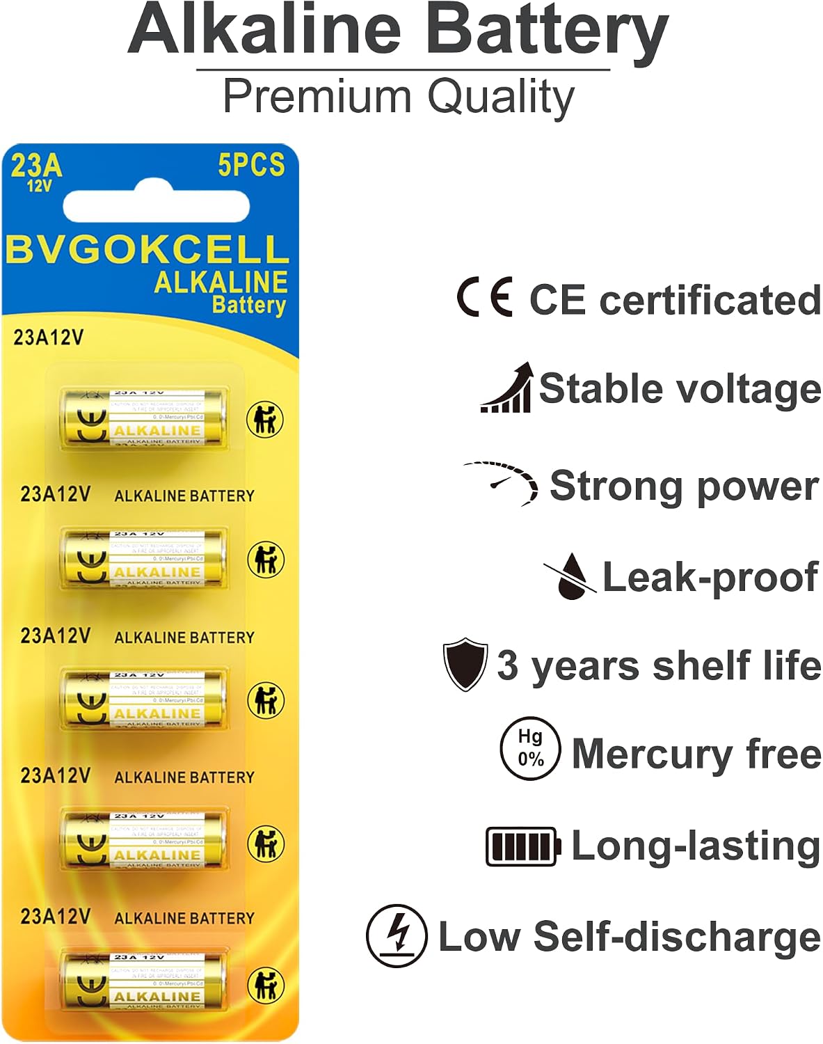 A23 23A 12 Volt Battery (5-Pack), MN21/23 12V Alkaline Battery, Long Lasting for Ceiling Fan Remote, Garage Door Opener, Doorbell, Key Fob