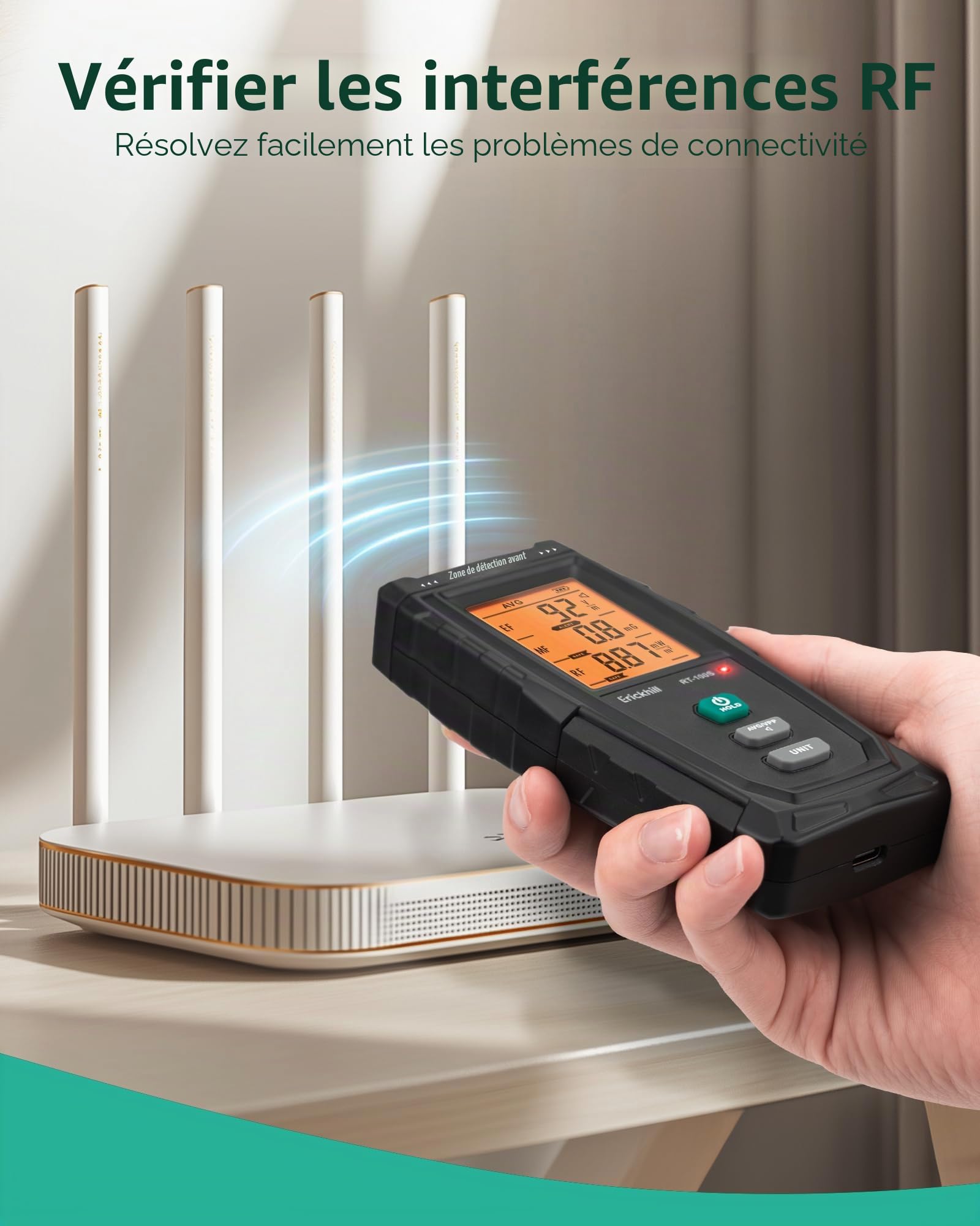 ERICKHILL Testeur EMF RT-100S EF/MF/RF - Champ magnétique rechargeable - Détecteur de rayonnement numérique double interface - Écran LCD numérique - Pour la maison, le bureau, l'extérieur