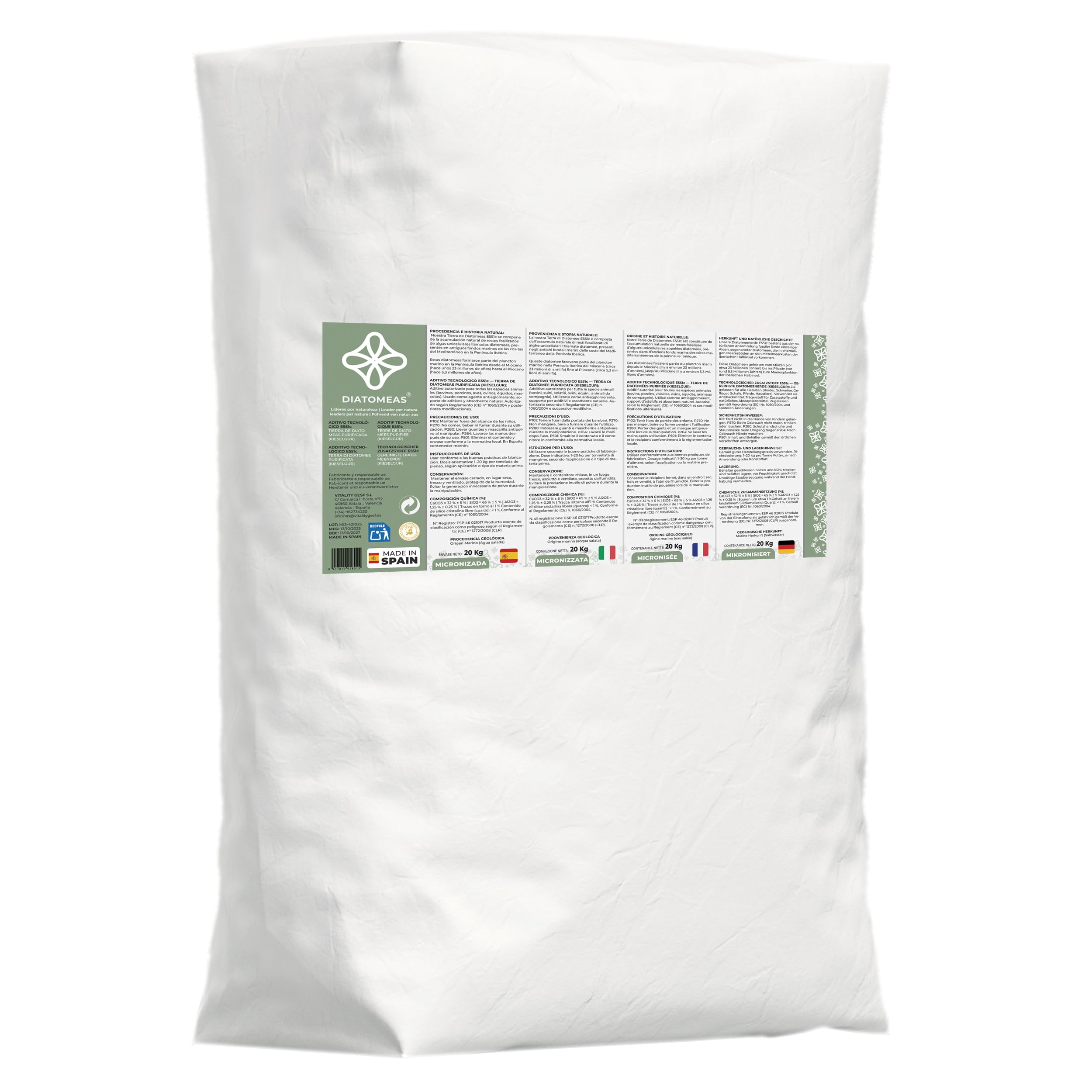 Micronizada E551c – Tierra de Diatomeas Purificada | Aditivo Tecnológico Antiaglomerante para Piensos | Sílice Amorfa de Origen Natural | Saco 20 kg