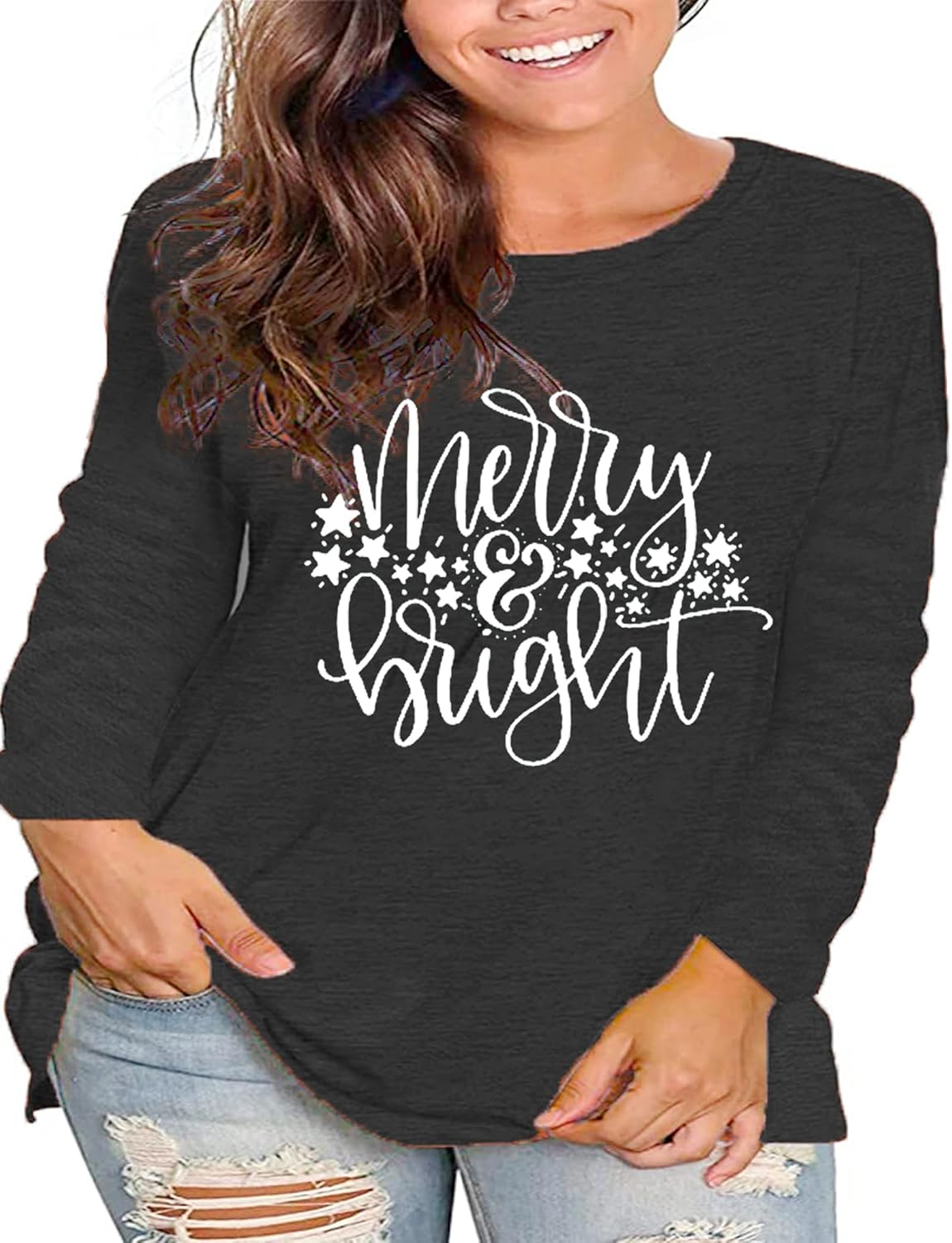 Plus Size Christmas Shirt Women Merry and Bright Long Sleeve Merry Christmas Long Sleeve Xmas T Shirts Tops - Image 2