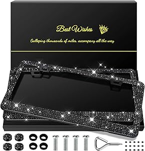 2 Pack Bling License Plate Frames for Women, Sparkly Rhinestone Diamond Car Accessories with Glitter Crystal Caps (Black)