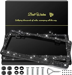 QUANQIUFEI 2 Pack Bling Rhinestone License Plate Frames for Women - Sparkly Black Crystal Car Accessories