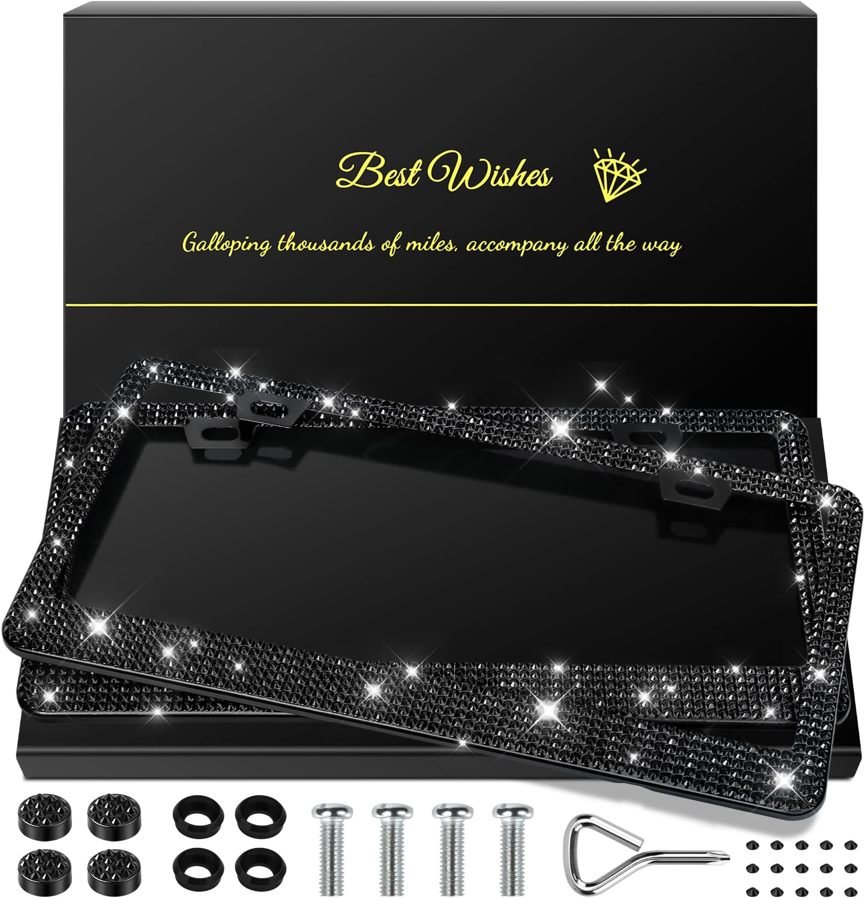 QUANQIUFEI 2 Pack Bling License Plate Frames for Women, Sparkly Rhinestone Diamond Car Accessories with Glitter Crystal Caps (Black)