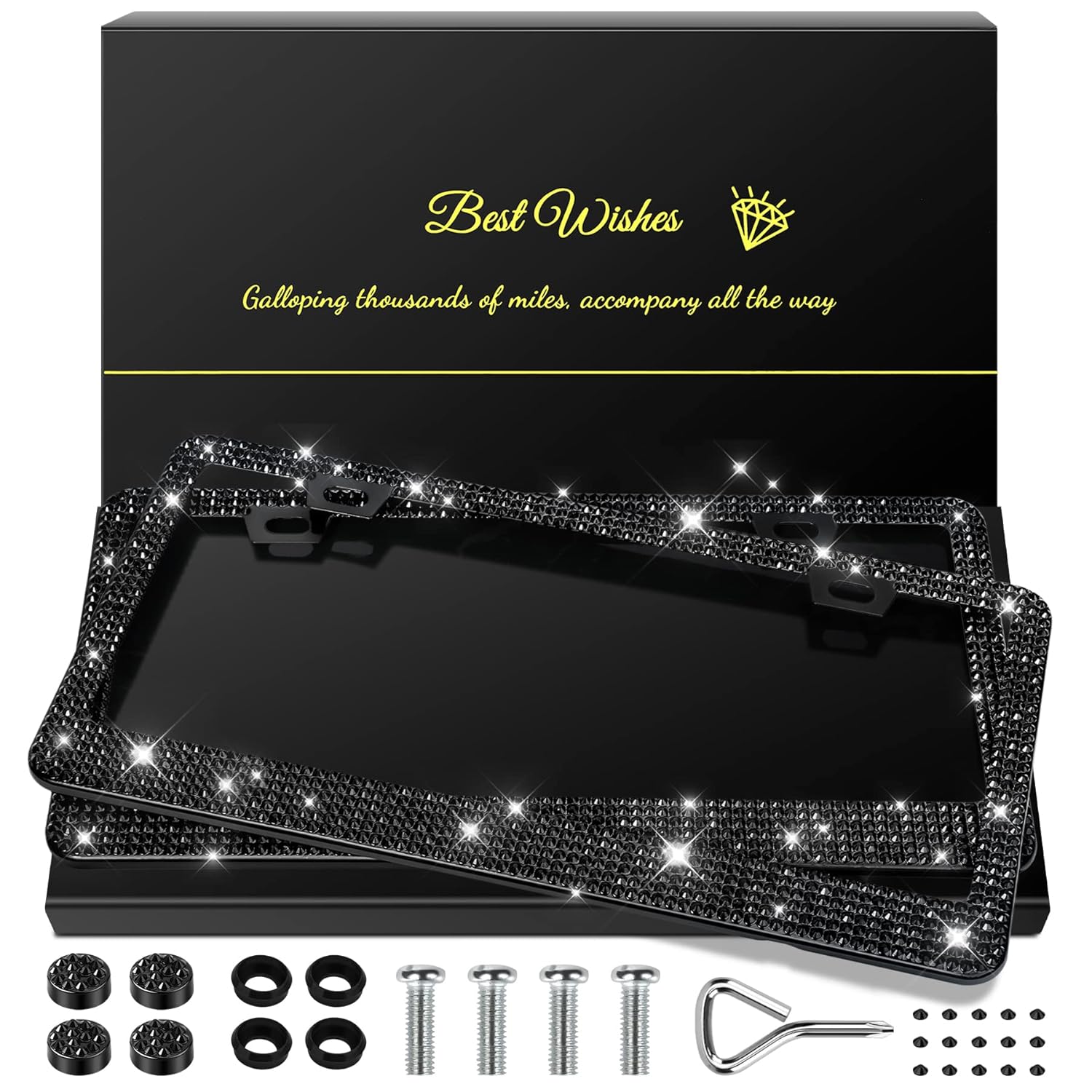 2 Pack Bling License Plate Frames for Women Sparkly Rhinestone Diamond Car Accessories with Glitter Crystal Caps Black