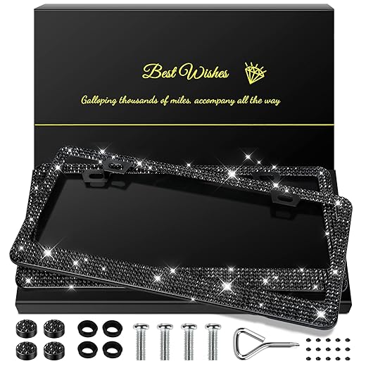 2 Pack Bling License Plate Frames for Women, Sparkly Rhinestone Diamond Car Accessories with Glitter Crystal Caps (Black)