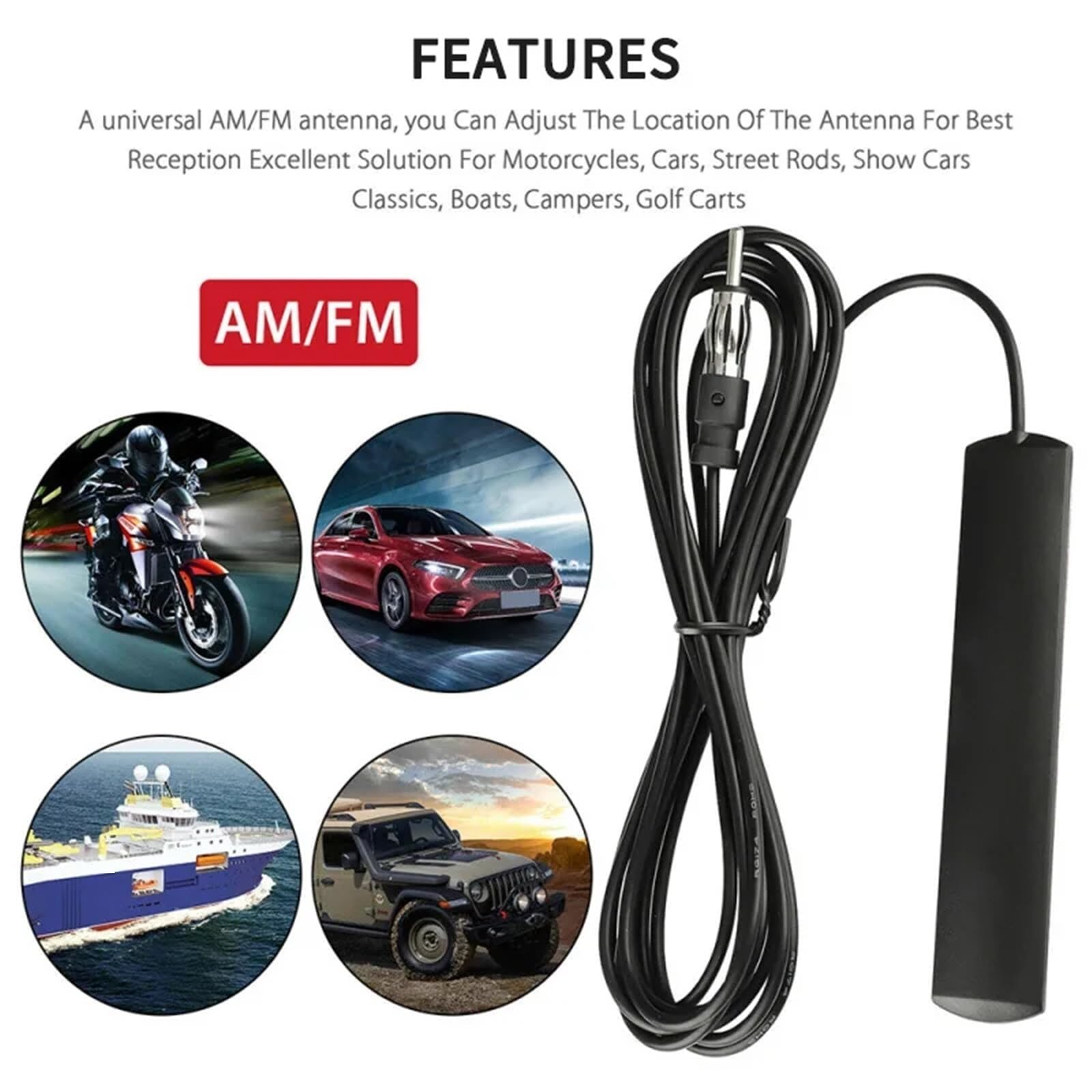 Anteny samochodowe Antena radia samochodowego FM, uniwersalna, długość 3 m, wzmacniacz sygnału, pojazd morski, łódź, kamper, urządzenie wzmacniające Antena samochodowa AM FM(3 PCS)