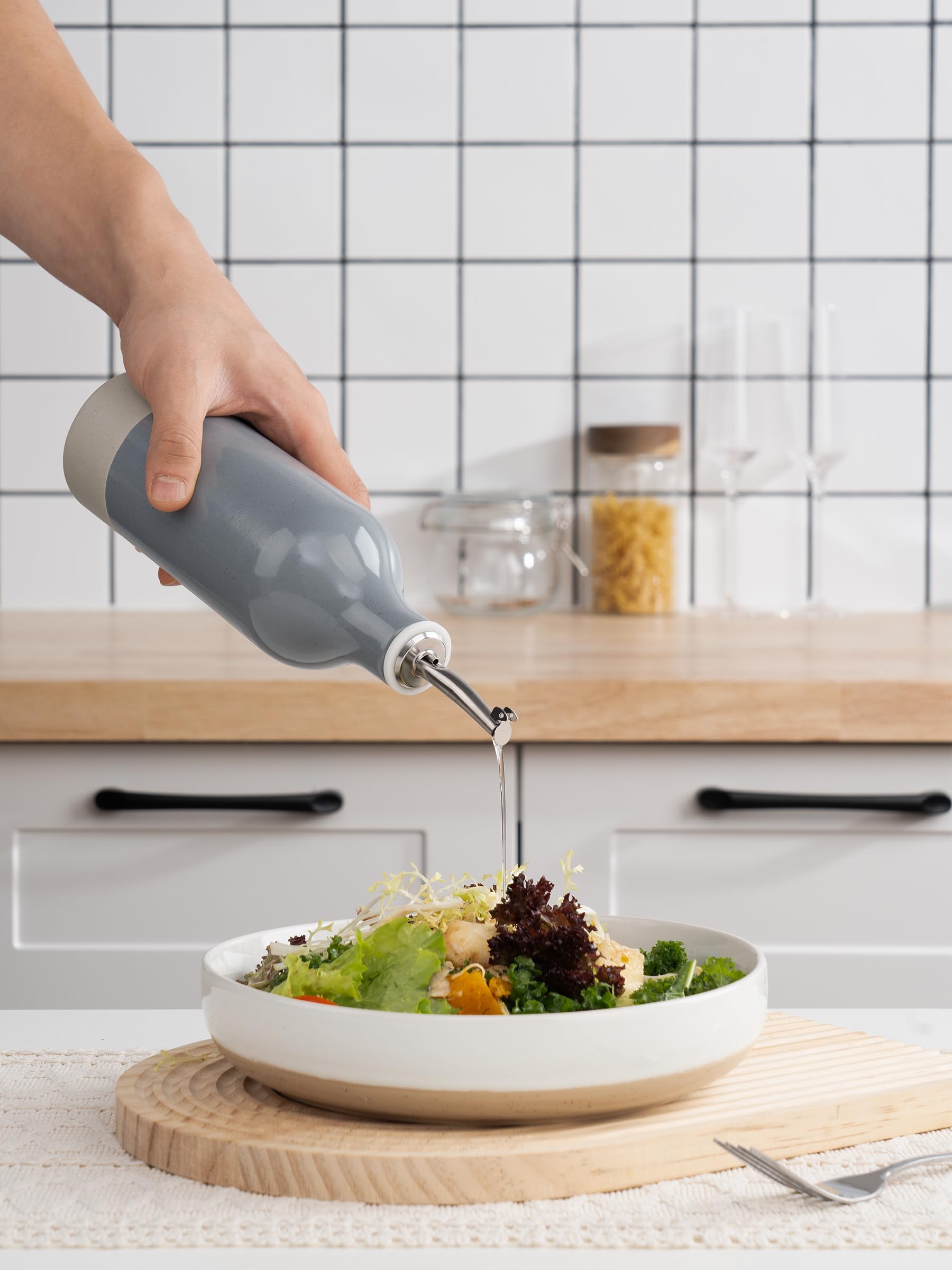 famiware Milkyway, dispenser in ceramica per olio d'oliva, da 473 ml, 1 pezzo, dispenser per olio da cucina con versatori in acciaio inossidabile, adatto per conservare aceto, salsa di soia, sciroppo