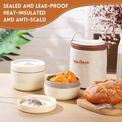 Vista 11 de Dandat 2 recipientes aislados para el almuerzo, caja térmica Bento con bolsa, tenedor, cuchillo, lonchera de acero inoxidable para microondas, 15.2