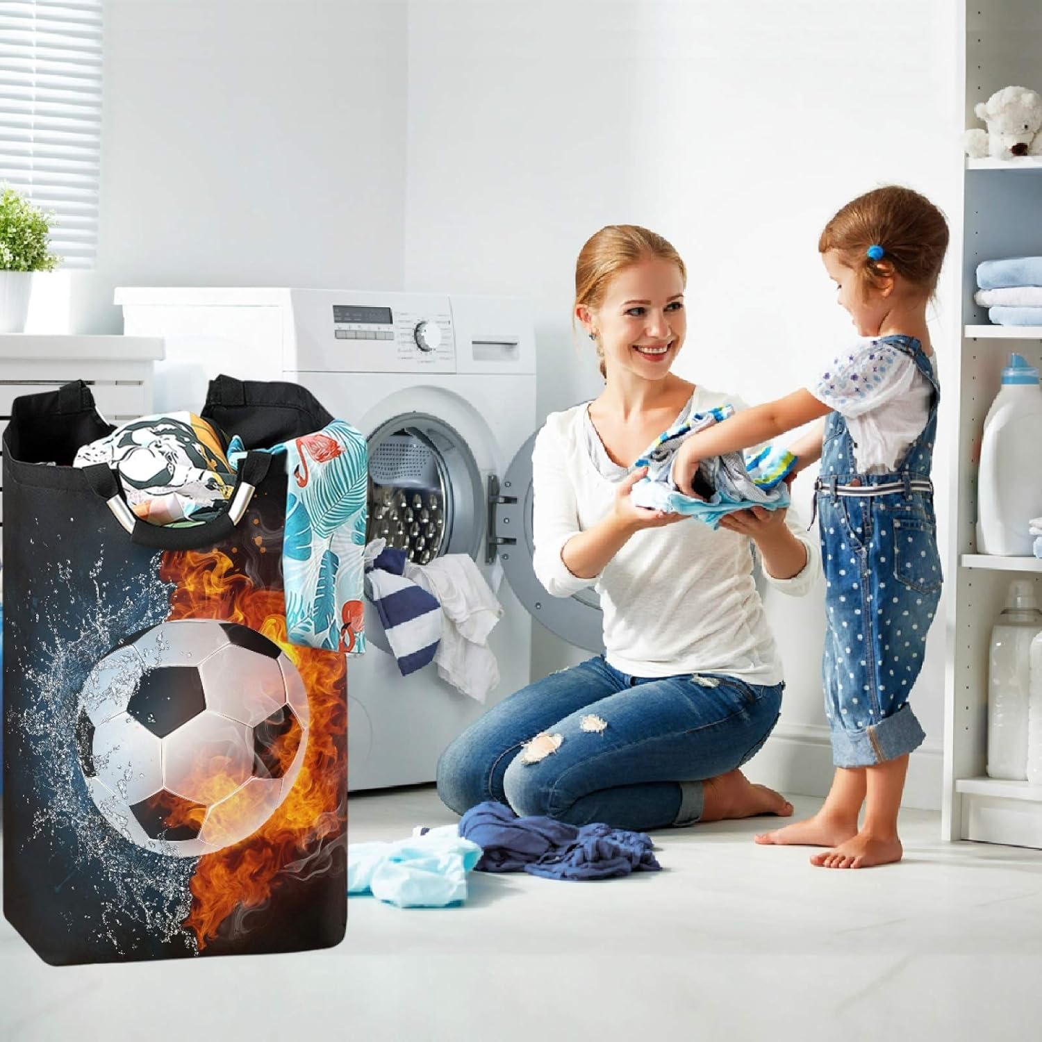 visesunny Large Capacity Laundry Hamper Basket Soccer Ball In Fire And Water Oxford Cloth Storage Baskets for Bedroom, Bathroom, Dorm, Kids Room