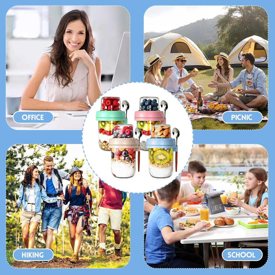 Overnight Oats - Set di 4 bicchieri per cereali, 480 ml + 120 ml, con coperchio, per yogurt e separazione del naso, per cereali, yogurt, insalata, colazione, lavoro, scuola, picnic, set da 4