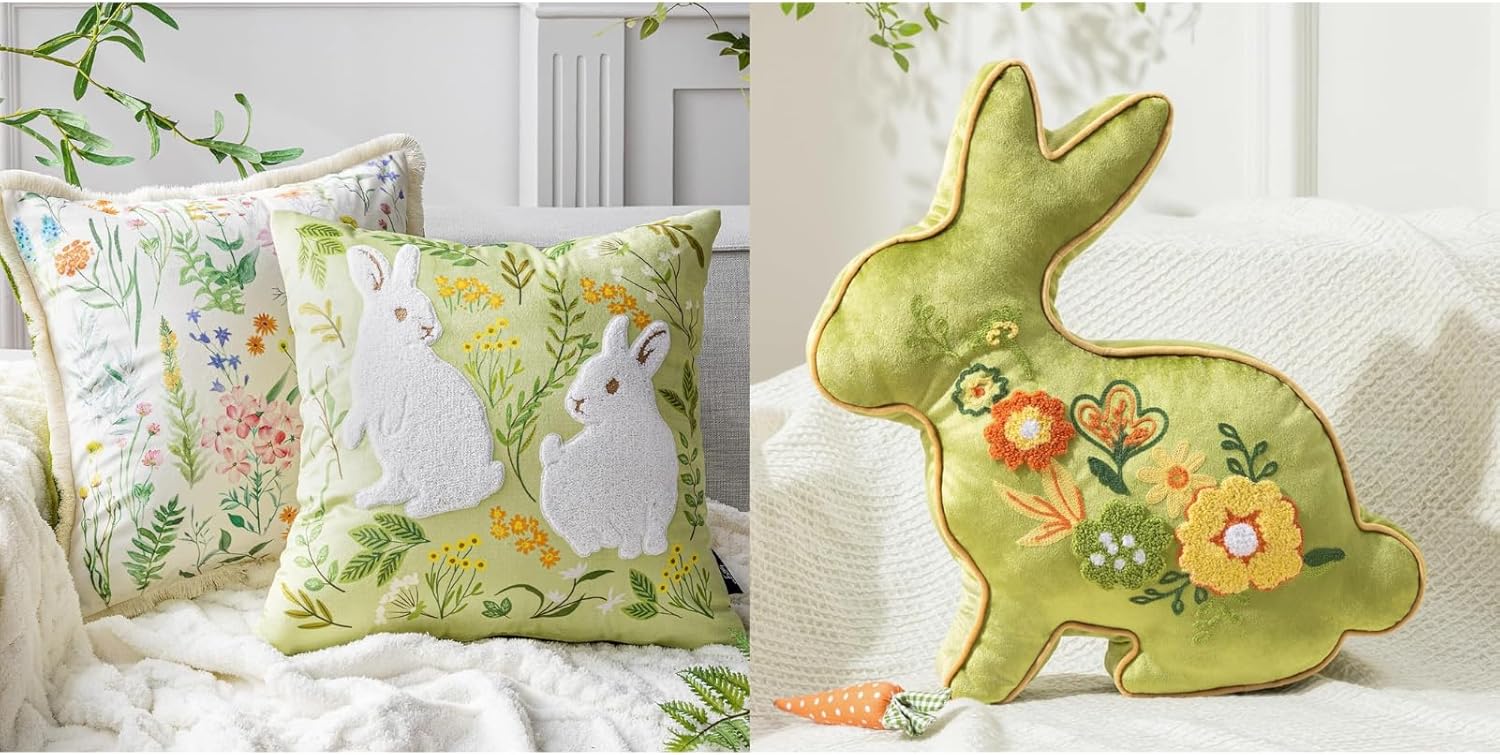 Phantoscope Bundle - Easter Throw Pillow Cover x2 and Easter Embroidered Bunny Pillow, 18 x 18'' Easter Tassel Trim Printed Colorful Flowers and Bunny Pillow Cover and 18.5 x 13'' Easter Embroidered B