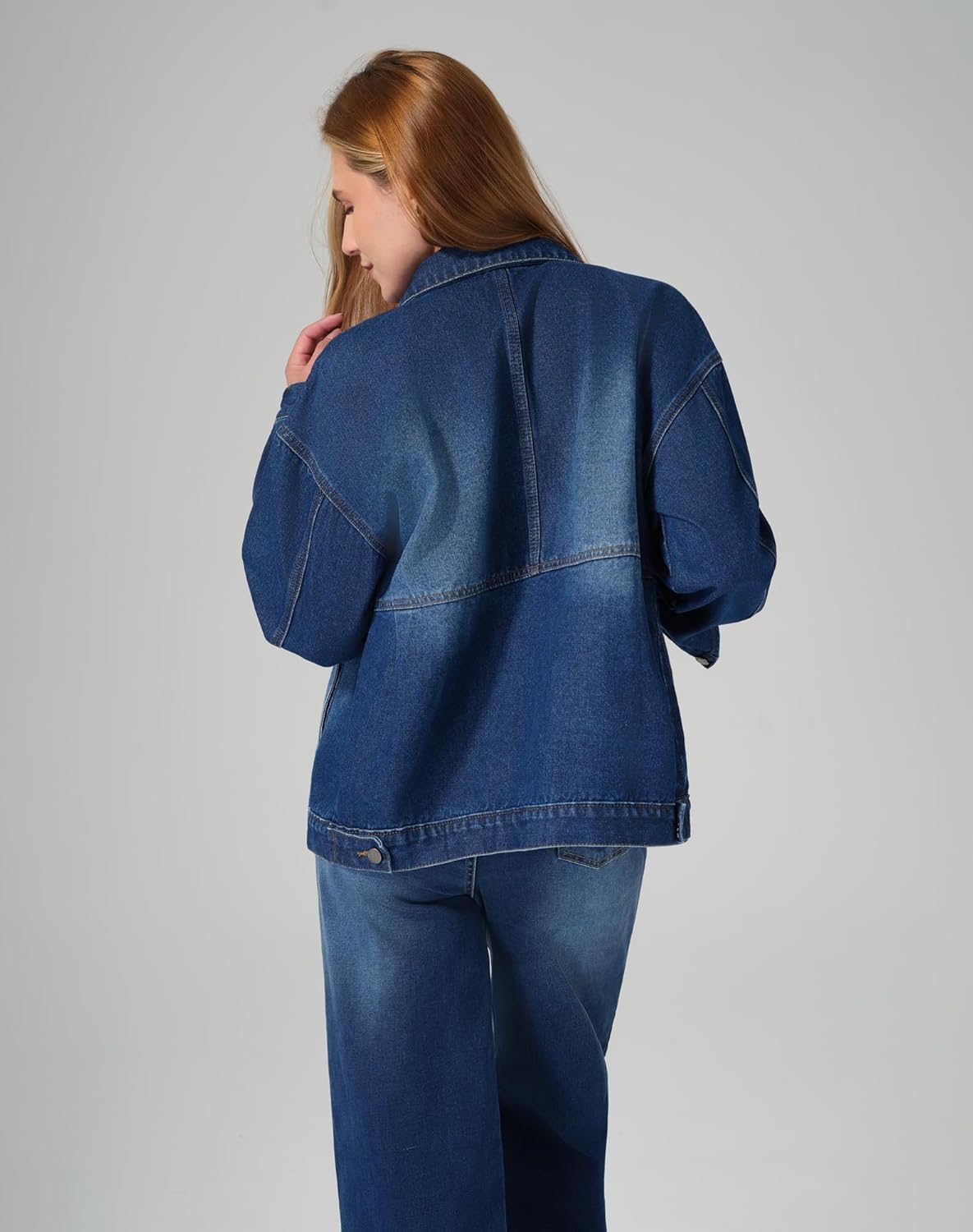 roswear Jean Jacket Women Oversized Long Sleeves Button Up Washed Denim Western Jackets Trucker Coat - Image 3