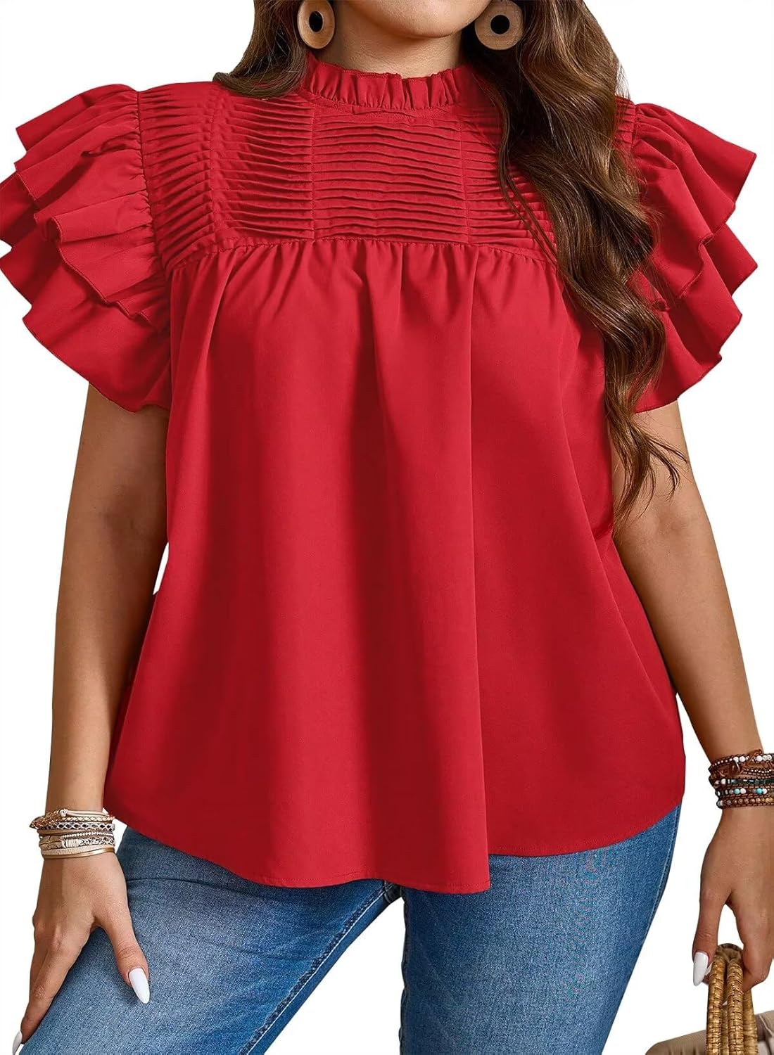 Womens Summer Tops Plus Size Ruffle Sleeve Blouses Dressy Casual Mock Neck Pleated Tunic Loose Fit Shirts