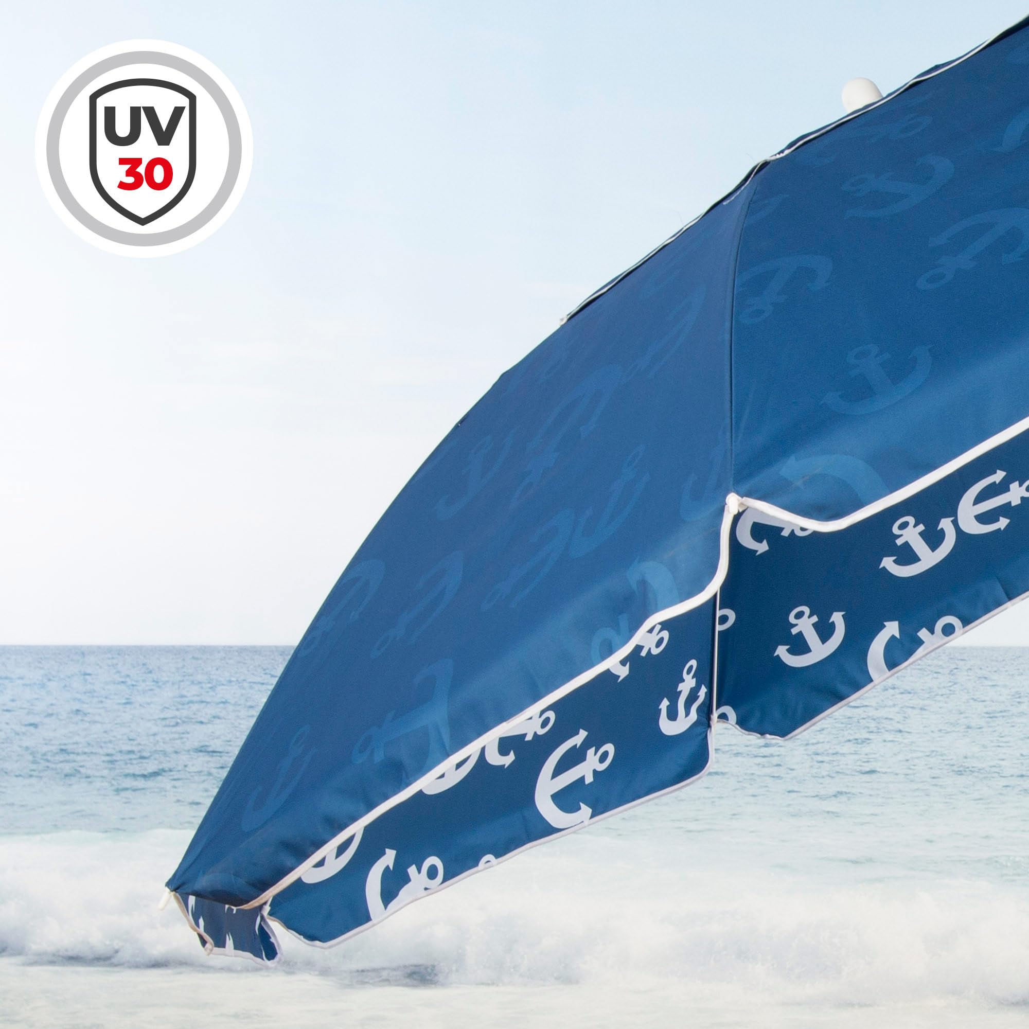 AKTIVE Sombrilla de playa 220 cm azul con estampado anclas, mástil de acero inclinable y ventilación superior, ligera y resistente al viento, protección solar UV30 y bolsa de transporte (62426)