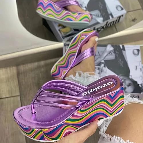 Vista 3 de Sandalias de plataforma arcoíris para mujer, con plataforma de cuña y puntera abierta, con soporte de arco, cómodas pantuflas de playa