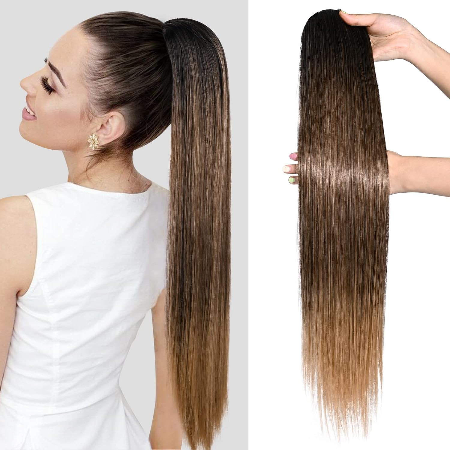 SEIKEA 28″ Drawstring Ponytail Extension for Black Women Long Straight Fake Hair Natural Soft Clip in Hair Extensions Synthetic Heat Resistant Hairpiece Natural Black/Light Brown/Honey Blonde
