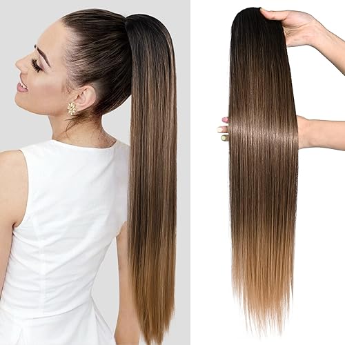 SEIKEA Extensión de cola de caballo con cordón de 28 pulgadas para mujeres negras, cabello largo y lacio, extensiones de cabello sintético suave y