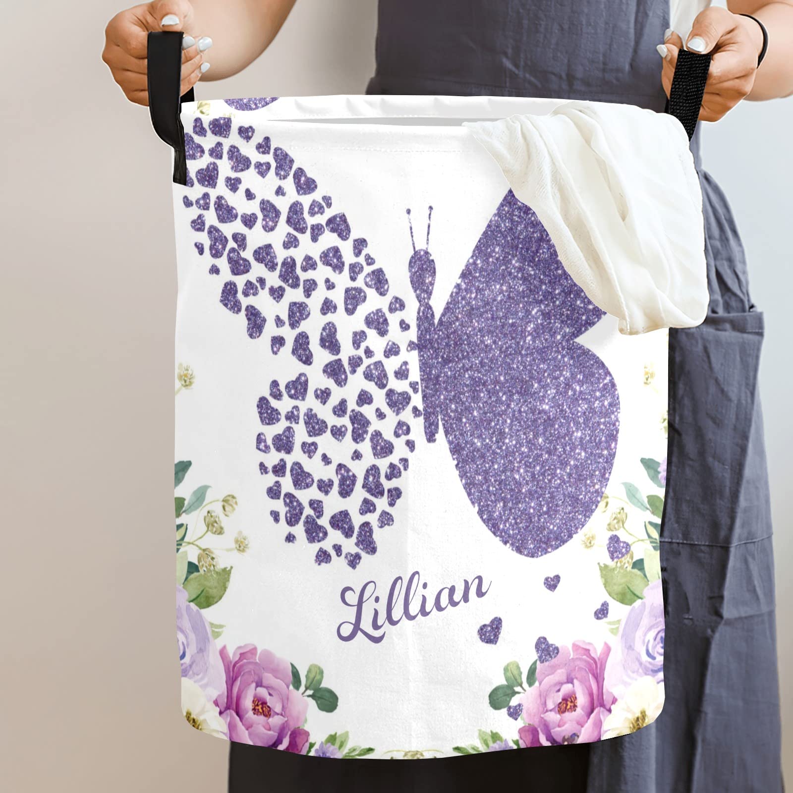 Personalized Laundry Basket, Purple Floral Butterfly Rose Custom Storage Bins Laundry Hamper with Name Collapsible Toys Organizer