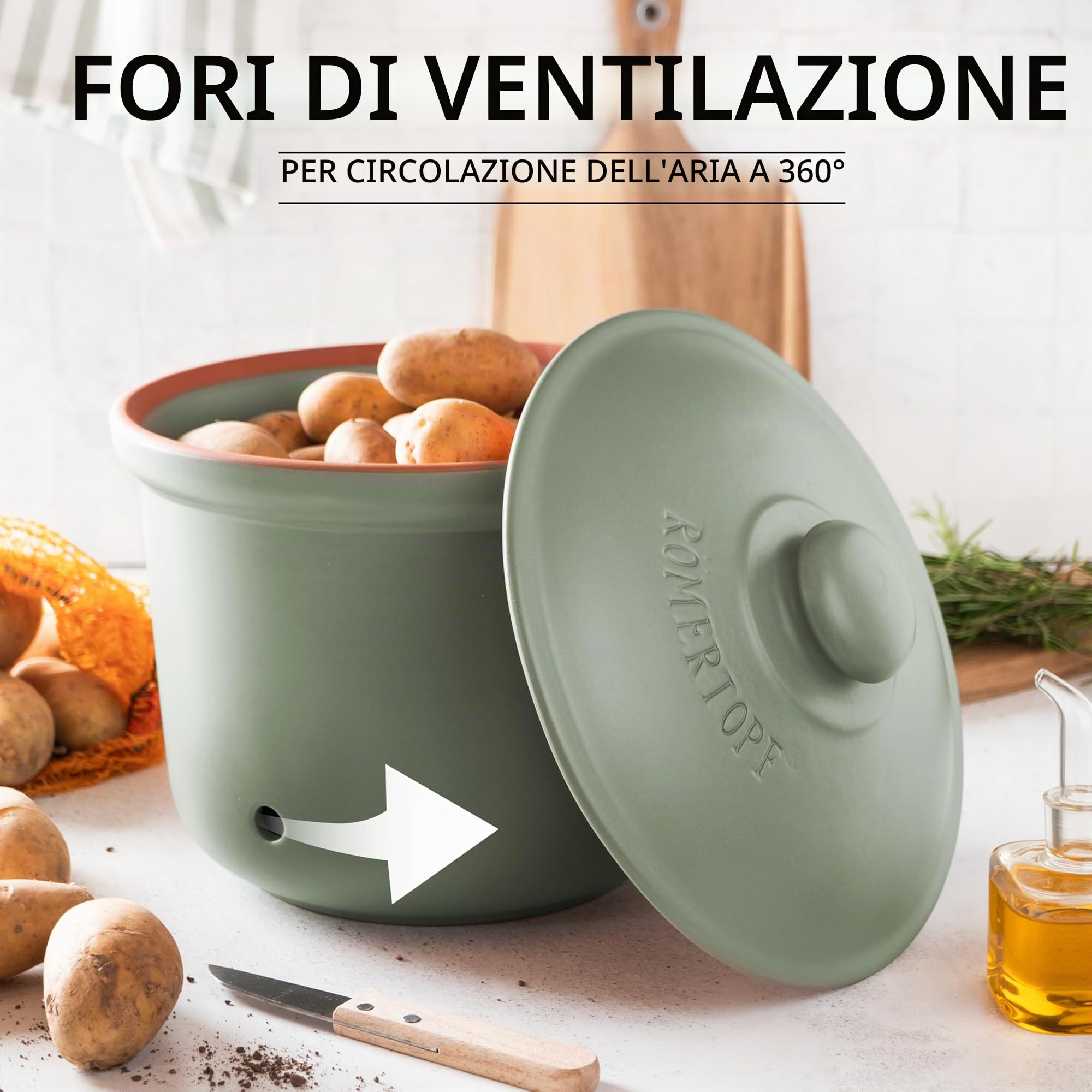 Römertopf Set 3 Contenitori Freschezza in Ceramica – Porta Aglio, Cipolle e Patate, Conservazione Naturale e Traspirante, Verde, tradizione dal 1967