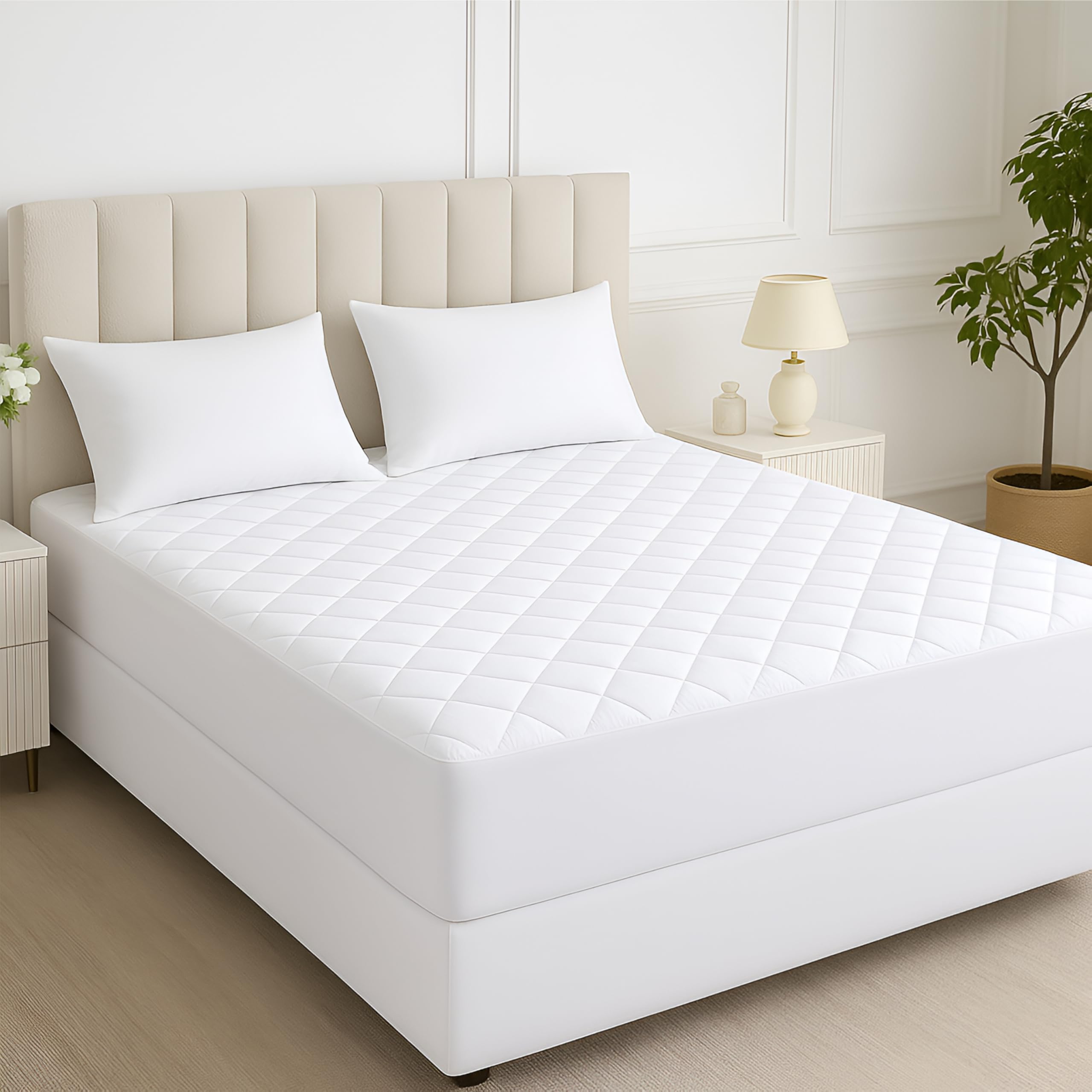 Double Mattress Protector Hotel Quality - Extra Deep 40cm Elasticated Skirt, 100% Egyptian Cotton Fitted Quilted Mattress Protector Bed Cover, Soft & Breathable for Comfortable Sleep, Anti-Allergy