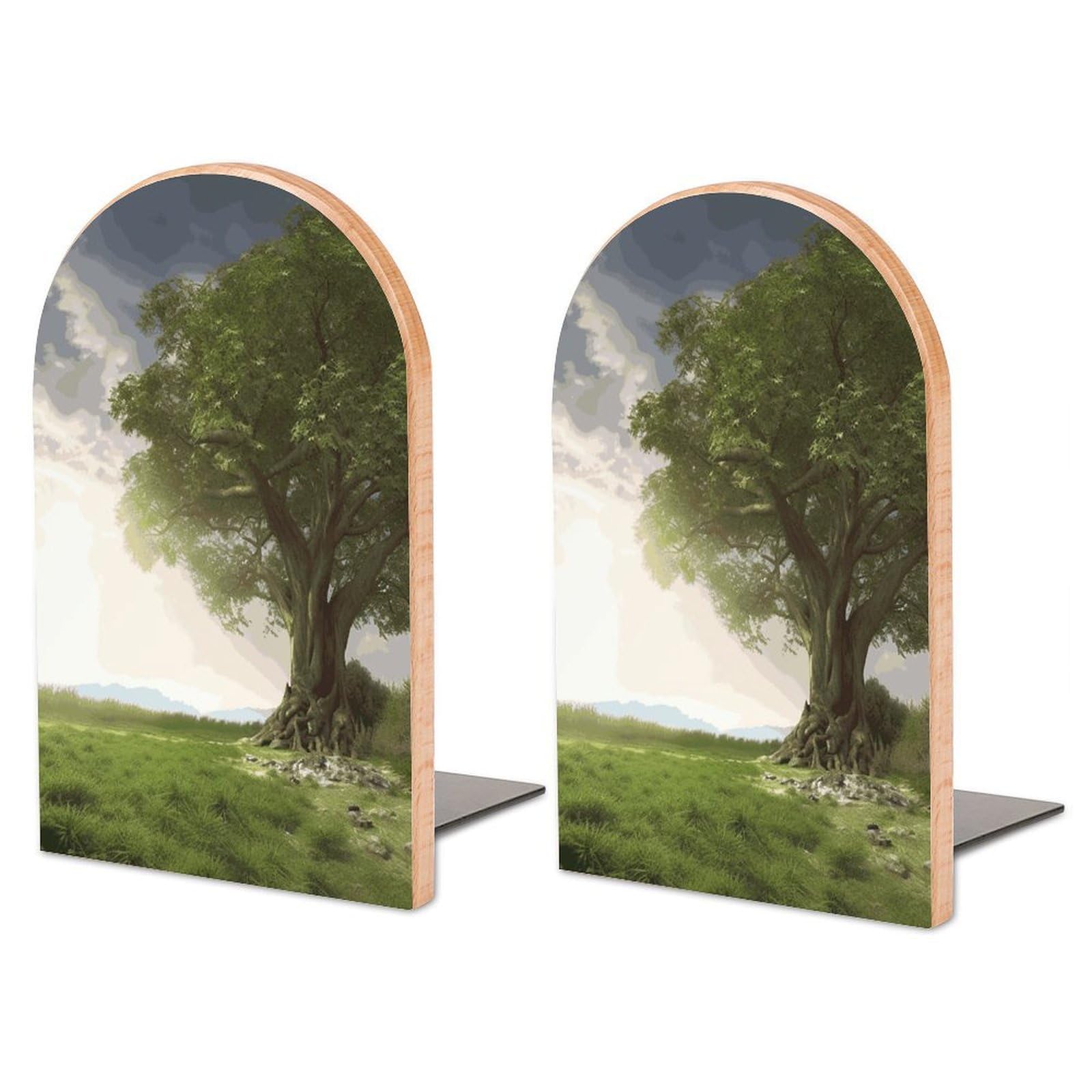 Large Tree with Branch Scenery Book End with Metal Base Fashion Heavy Duty Bookend Exquisite Wooden Bookends Non-Skid Book Stopper for Shelves Books Organizer for Office Home 1 Pair