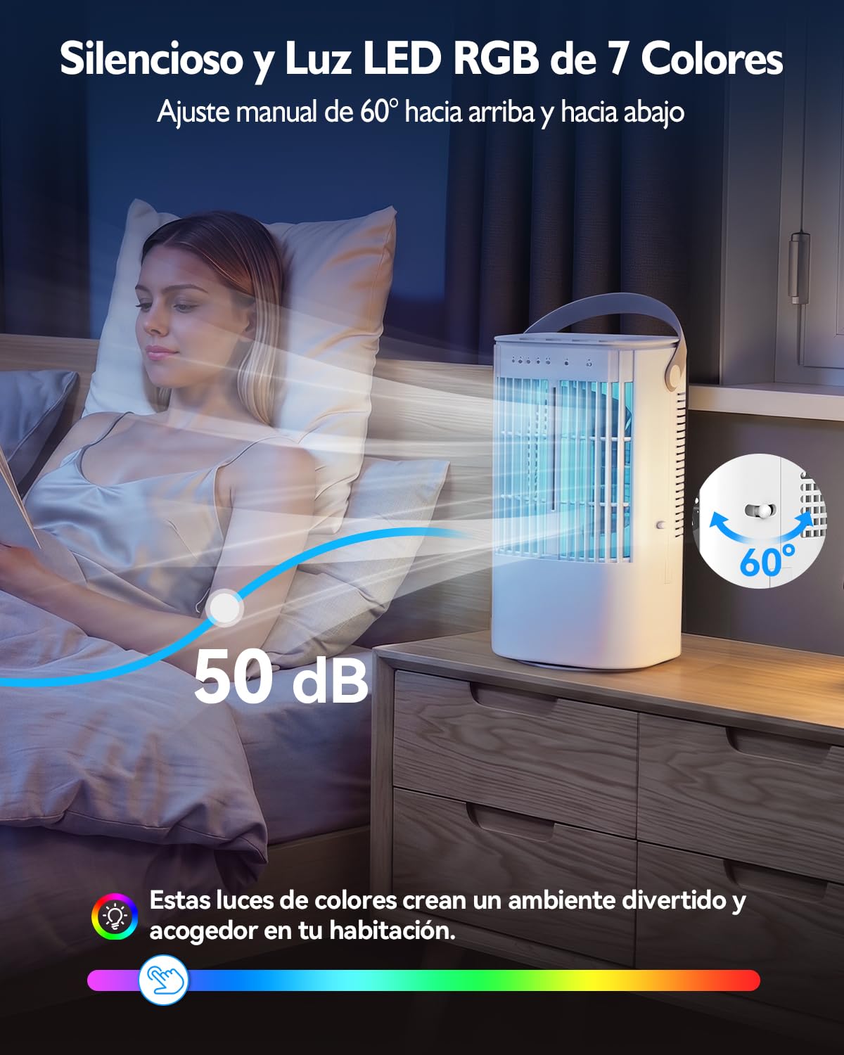 Enfriador de Aire 4 en 1, Aire Acondicionado Portátil Mini con Tanque 900ml, 3 Velocidades, 2 Modos Nebulización, Temporizador 2H/4H, Oscilación 90°, USB-C, 7 Luces LED - Ideal Dormitorio/Oficina