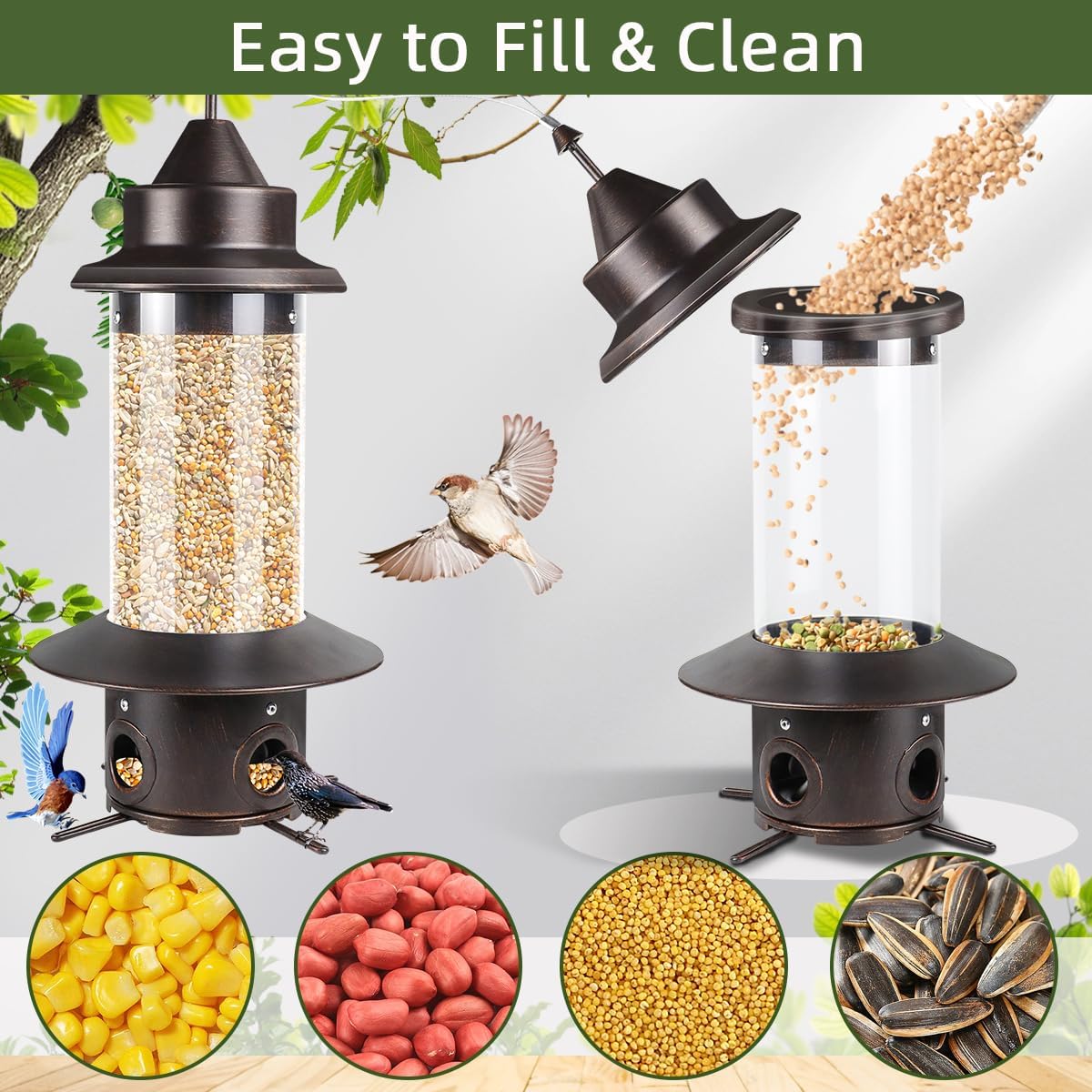 Squirrel Proof Bird Feeders for Outside：Outdoors Hanging Metal Tubes Bird Feeding 5LB Seeds Capacity Bird Feeders Heavy Duty 4 Feeding Ports Chew-Proof Wild Birds Feeder for Garden Yard Decoration