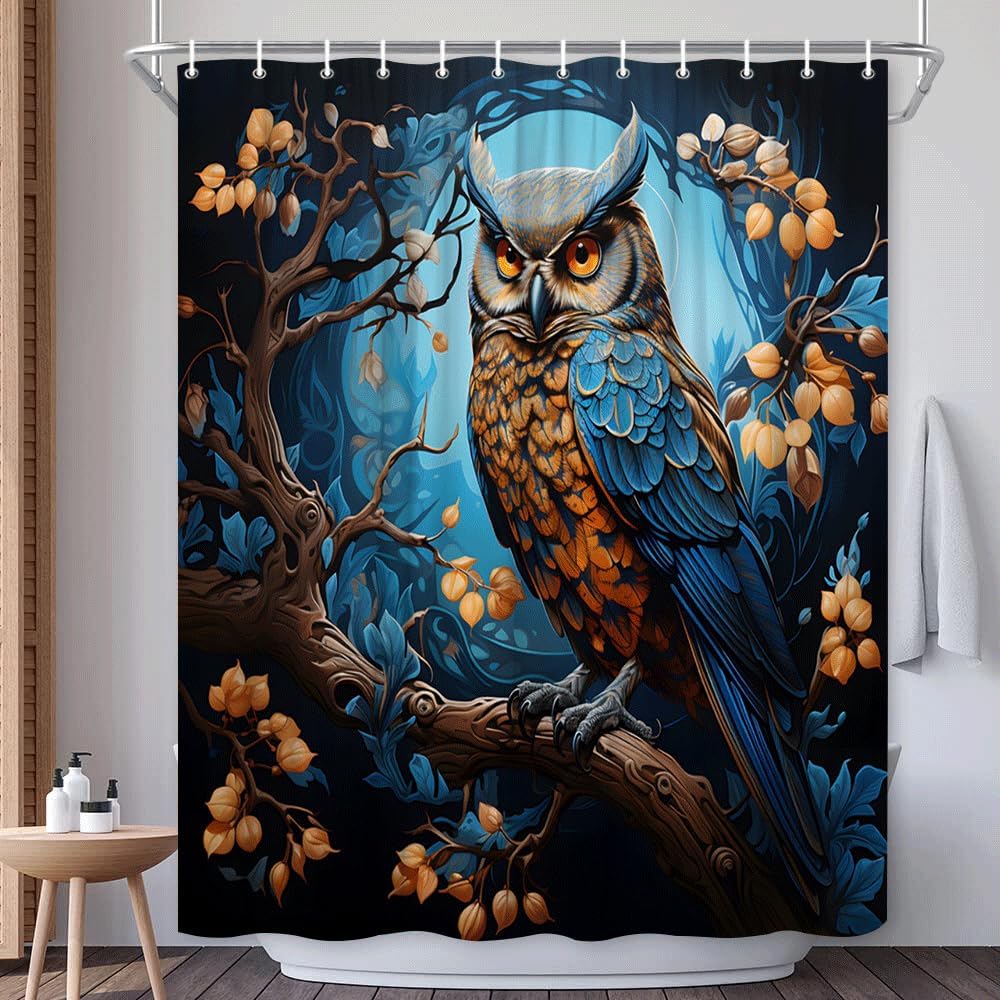 Owl Shower Curtain Vintage Night Wonderland Wildlife Full Moon Retro Flower Leaf Navy Blue Forest Scene Bath Decor Polyester Fabric Curtains with Hook 80X70 Inch
