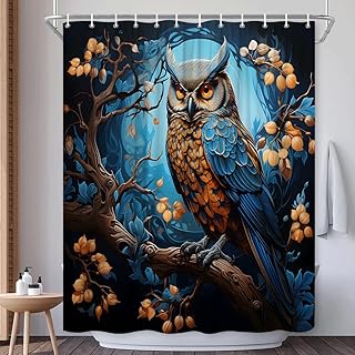 Owl Shower Curtain Vintage Night Wonderland Wildlife Full Moon Retro Flower Leaf Navy Blue Forest Scene Bath Decor Polyester Fabric Curtains with Hook 70X70 Inch