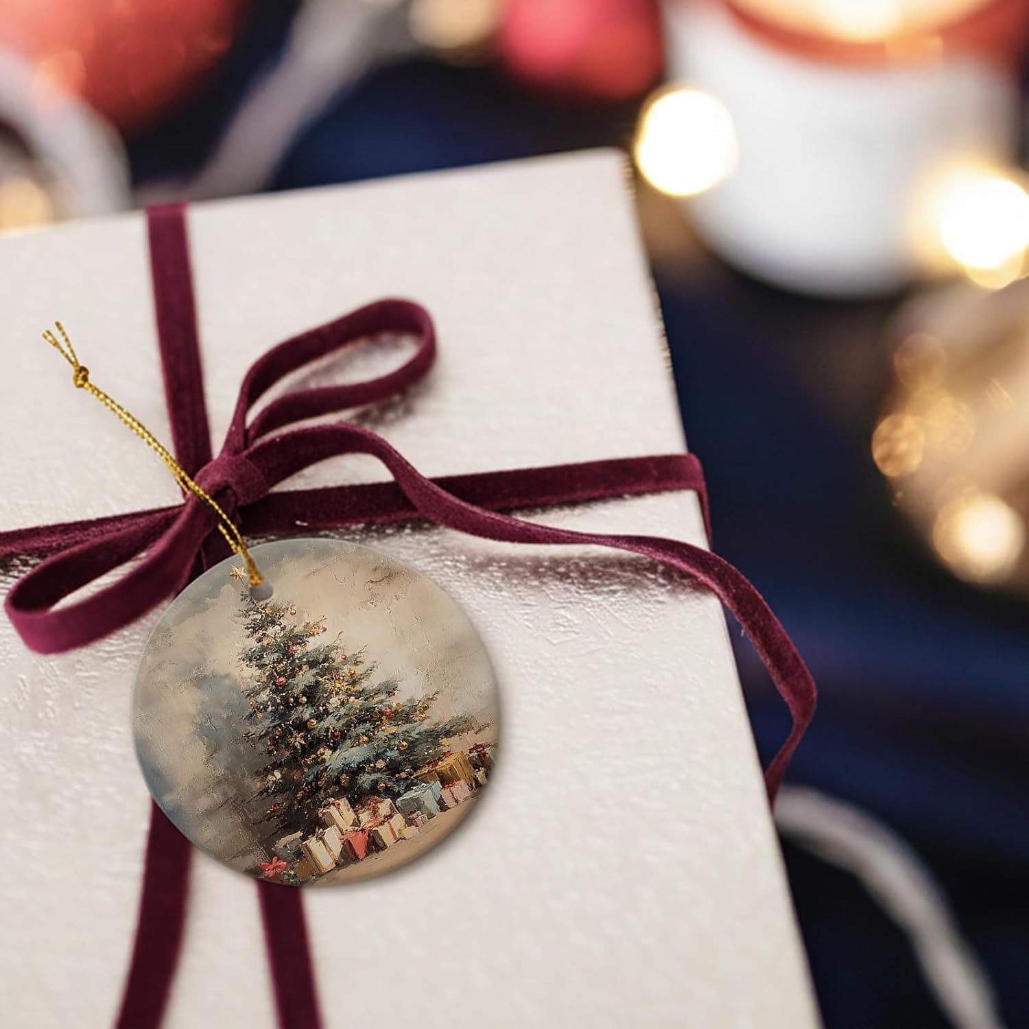 Christmas Tree Ceramic Ornaments, Vintage Hanging Round Holiday Ornament Decor, Retro Winter Gifts Keepsake for Women Car Window Decorations 3in - Image 4