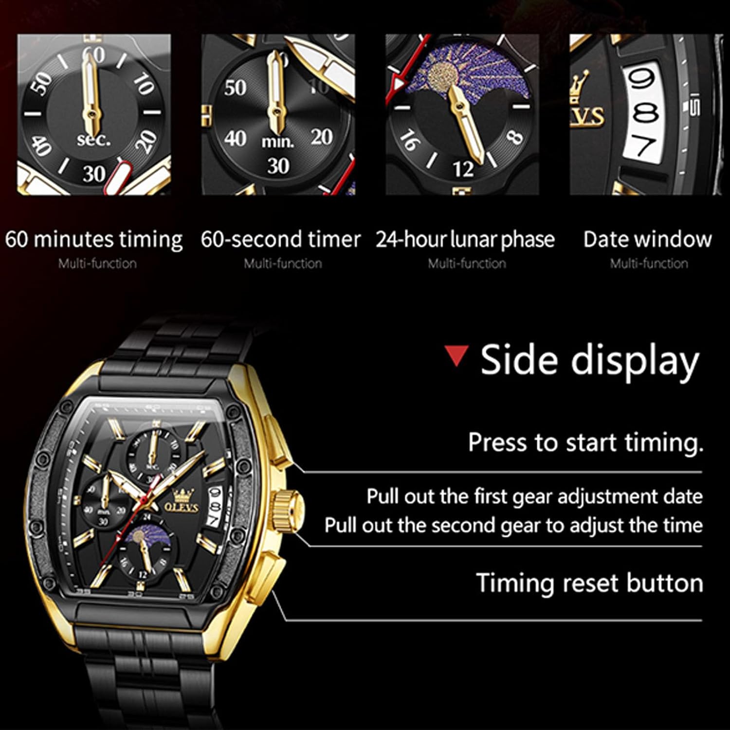 OLEVS Watches Men Chronograph Waterproof Rectangle Face Moon Phase Stainless Steel Strap Dress Watches for Men Luminous Quartz Calendar Mens Wrist Watch - Image 7